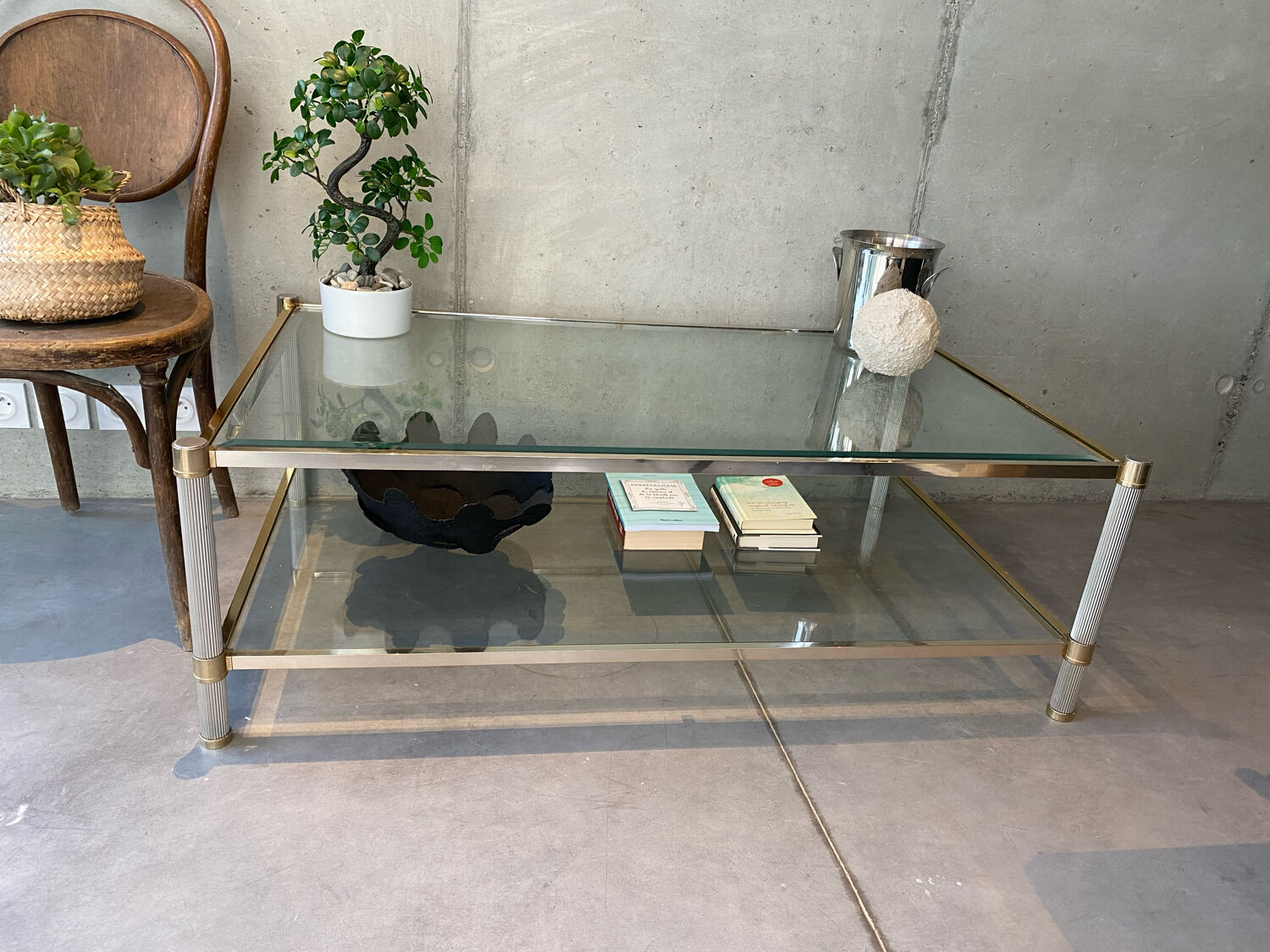 Table basse double plateau laiton et verre