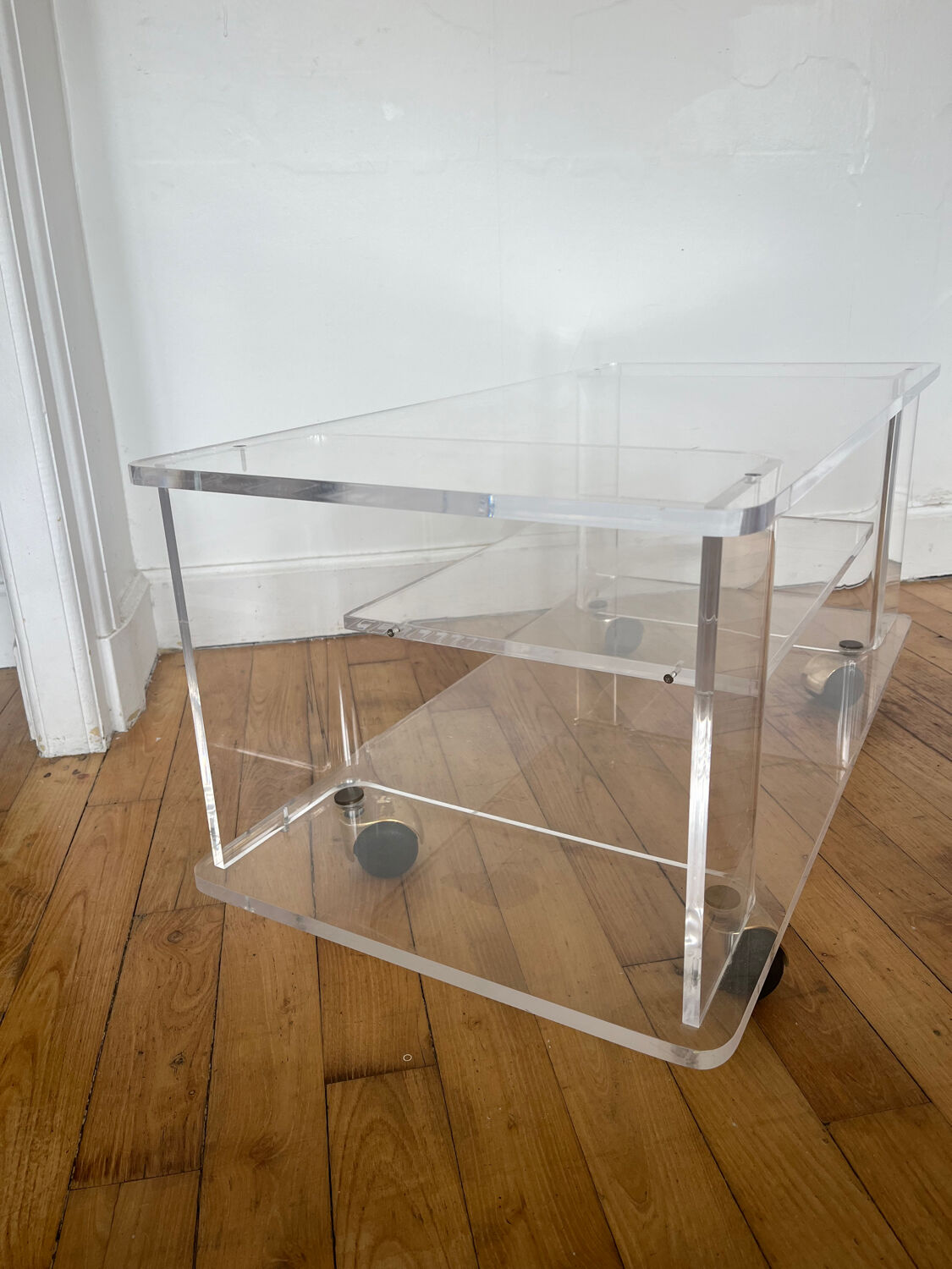 David Lange rolling side table in Plexiglas