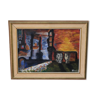 Lennart Hall peinture abstraite suédoise années 1960, huile sur panneau, encadré