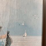 Peinture à l’huile tableau ancien signé port et bateaux