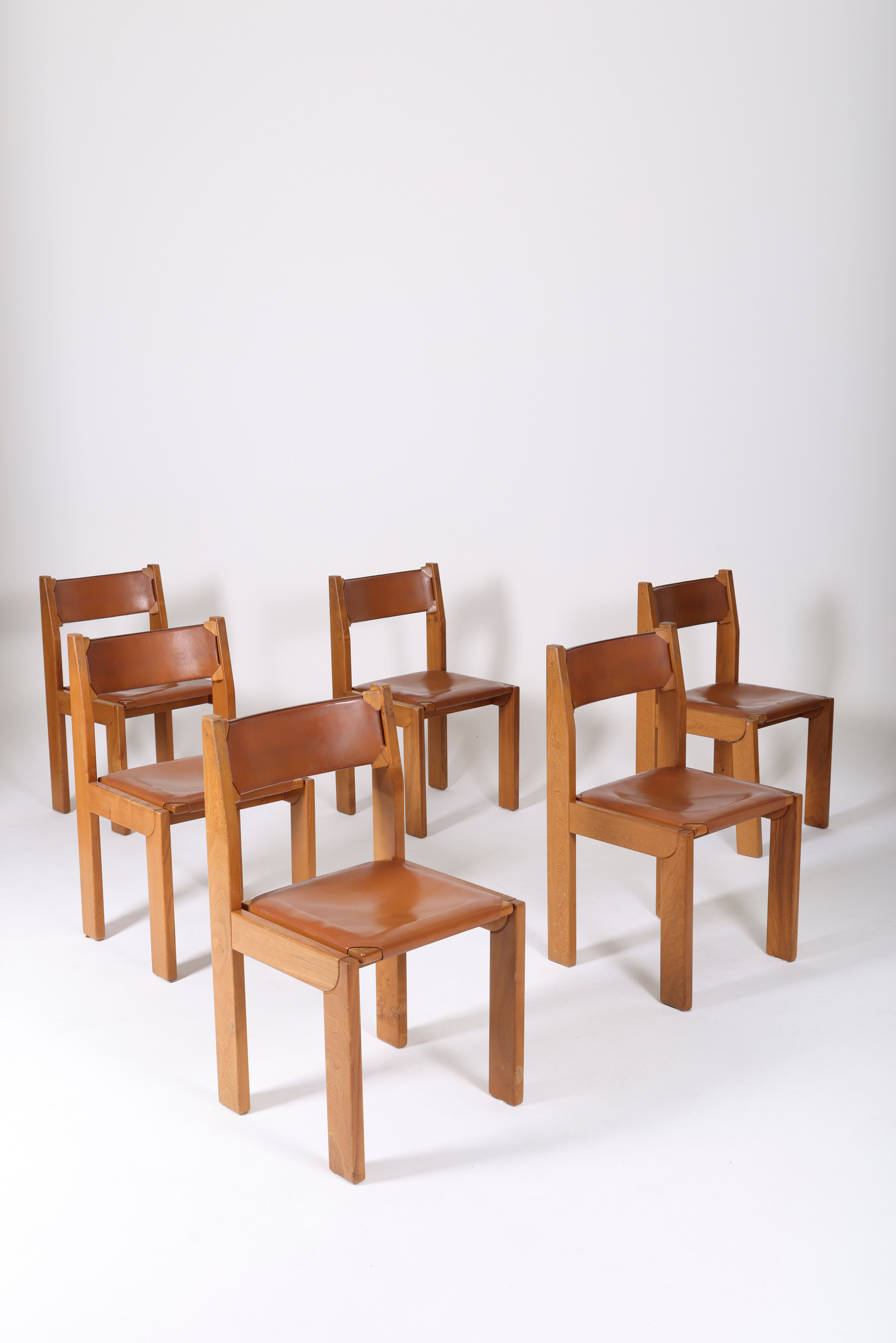 Chaises marron en cuir et bois, 1970s