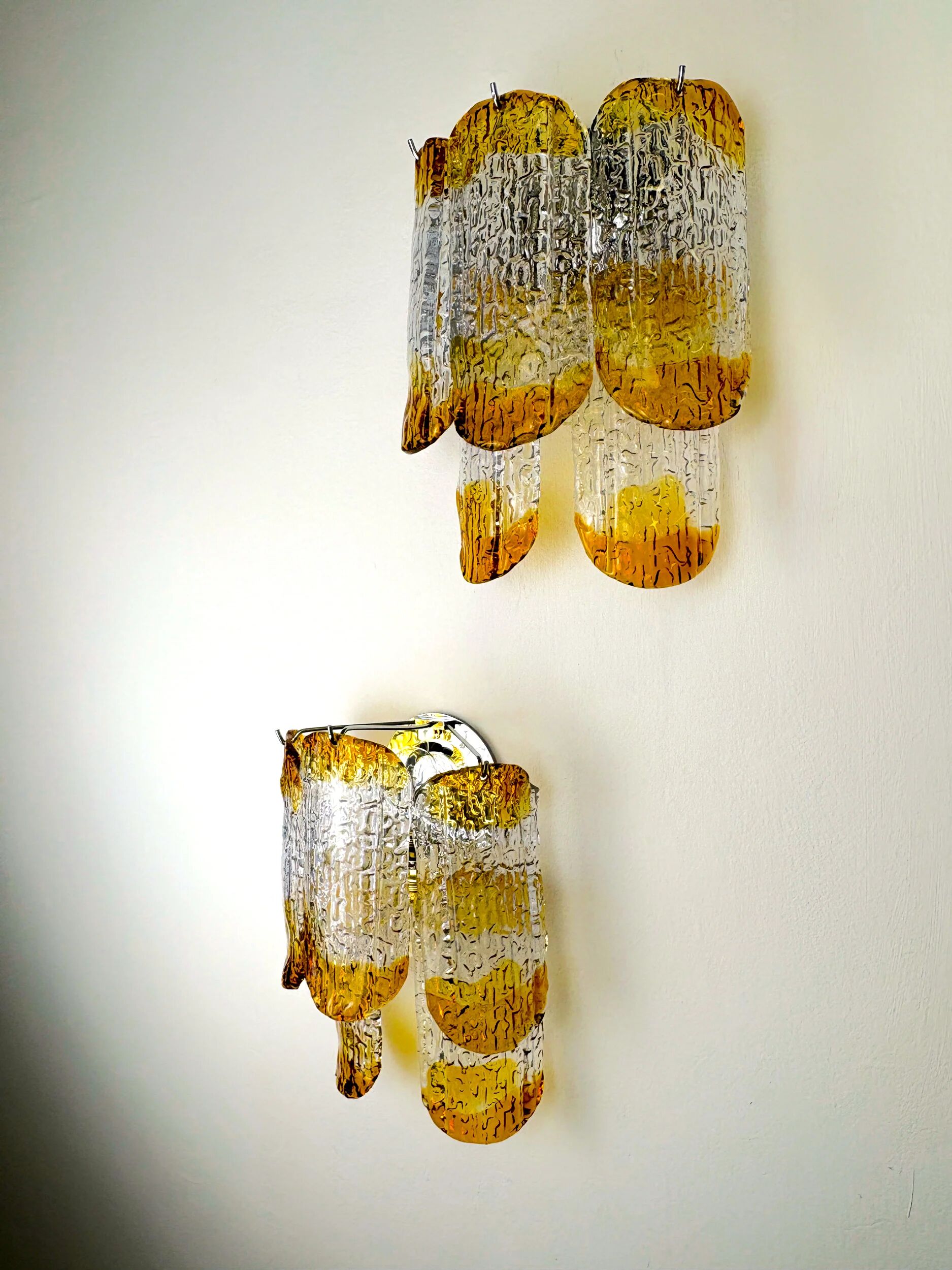 Pair of two-tier Mazzega Murano wall sconces, orange frosted glass, Italy, 1960s