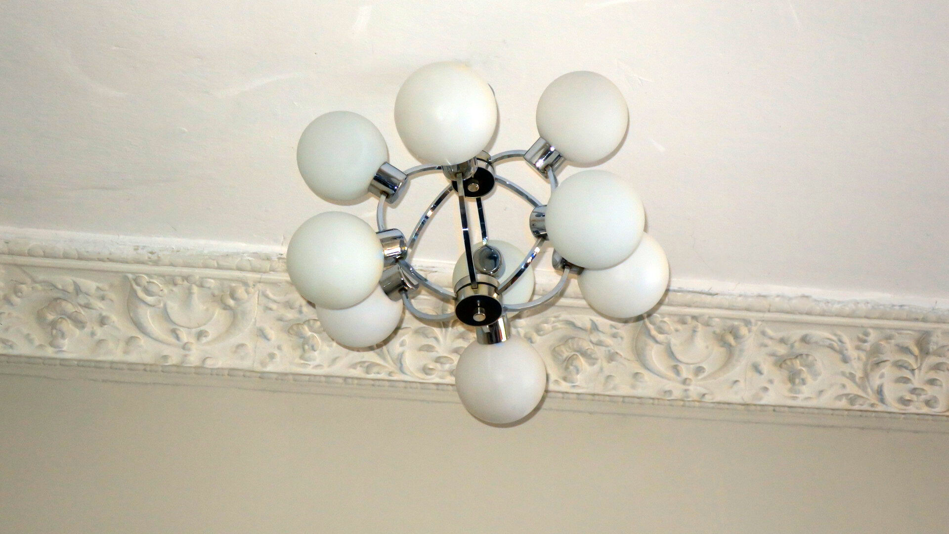 Mid century chandelier with 9 radiating milk glass globes 1970s