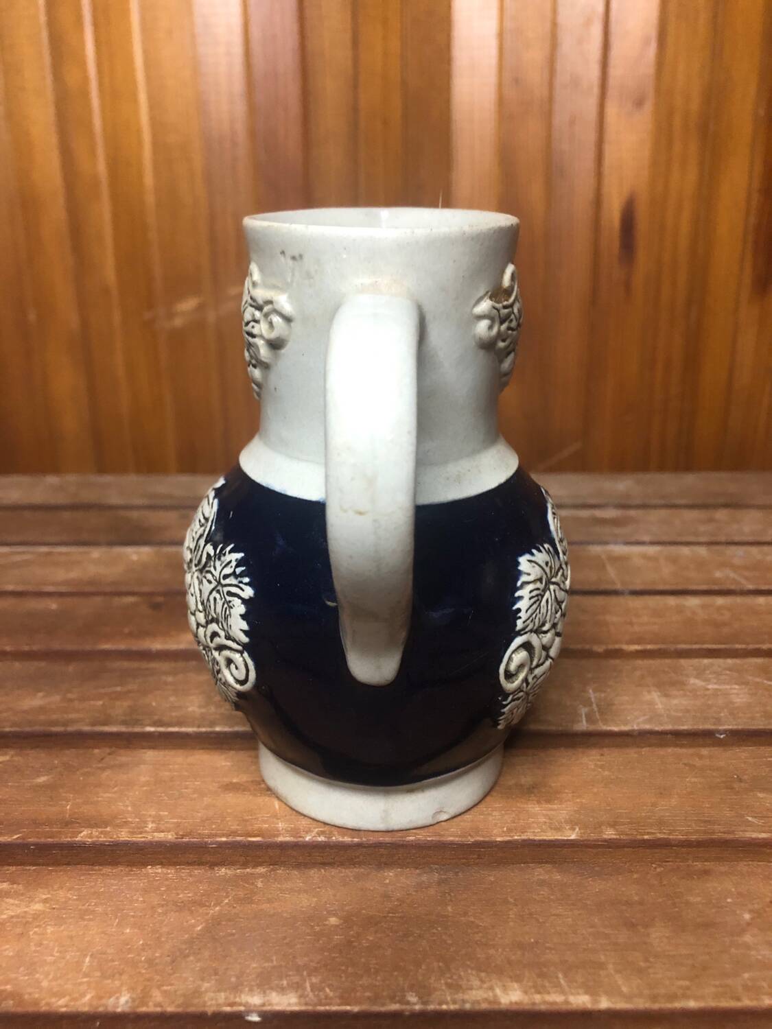 Old alsace ceramic pitcher gray blue vintage vines decor