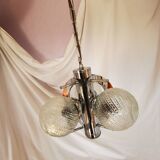 Space age chandelier with 3 lights, stainless steel and cut glass, Mazzega style, 1970