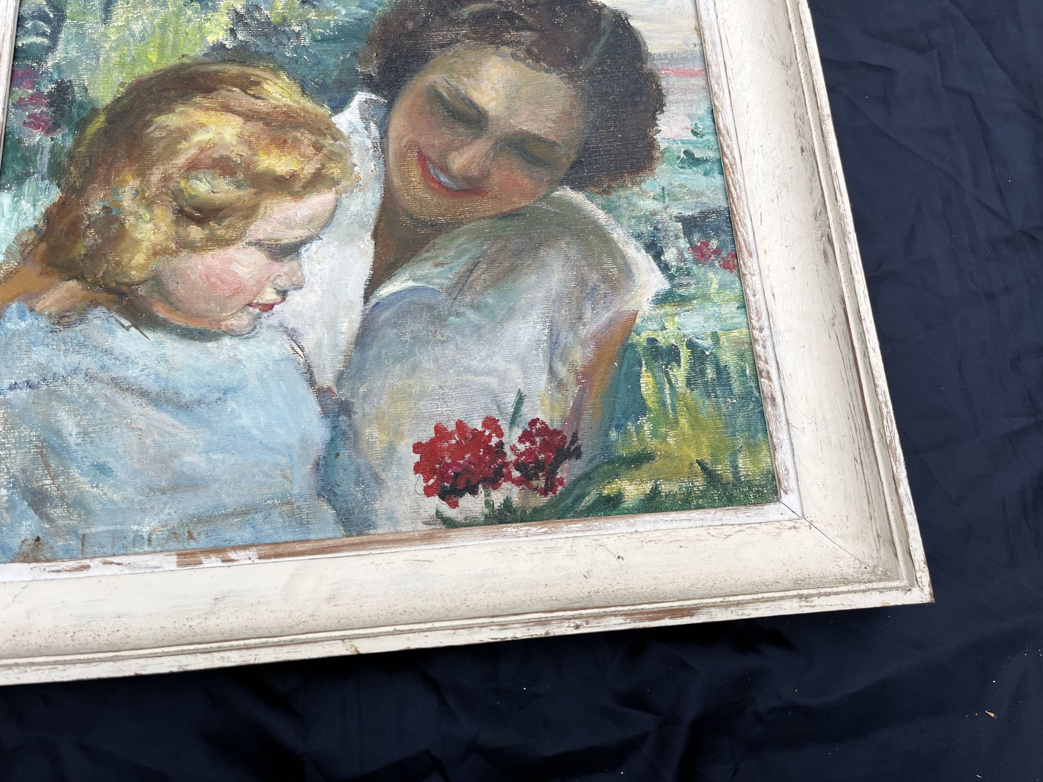 Tableau ancien, mère et enfant, style impressionniste début XXe