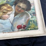Tableau ancien, mère et enfant, style impressionniste début XXe