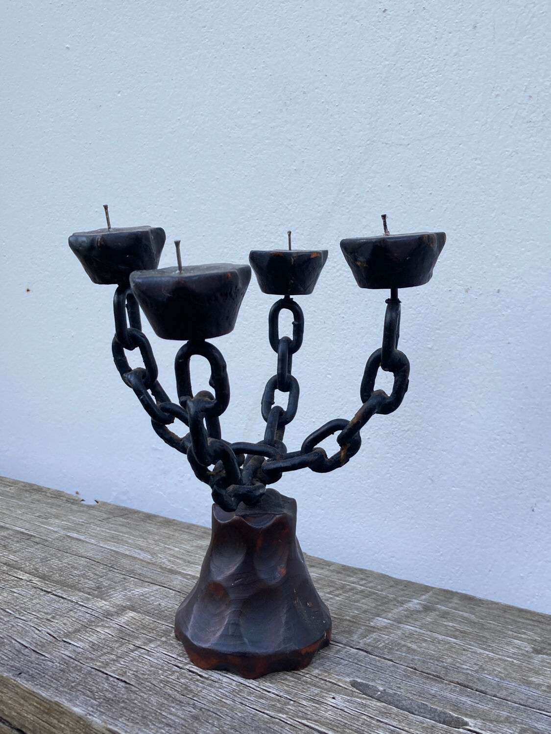 Brutalist iron and wood chain candle holder from the 1970s