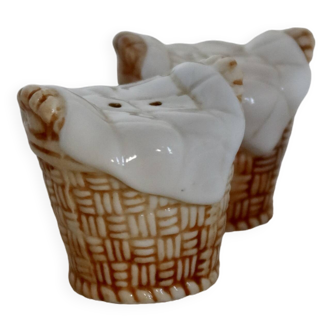 Pair of vintage barbotine salt and pepper shakers laundry basket