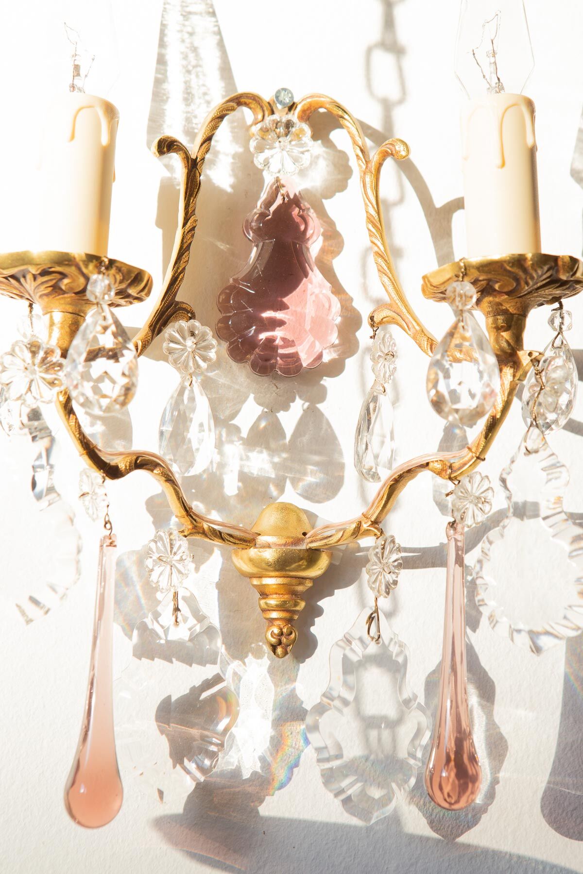 Pair vintage brass wall lamps and tassels