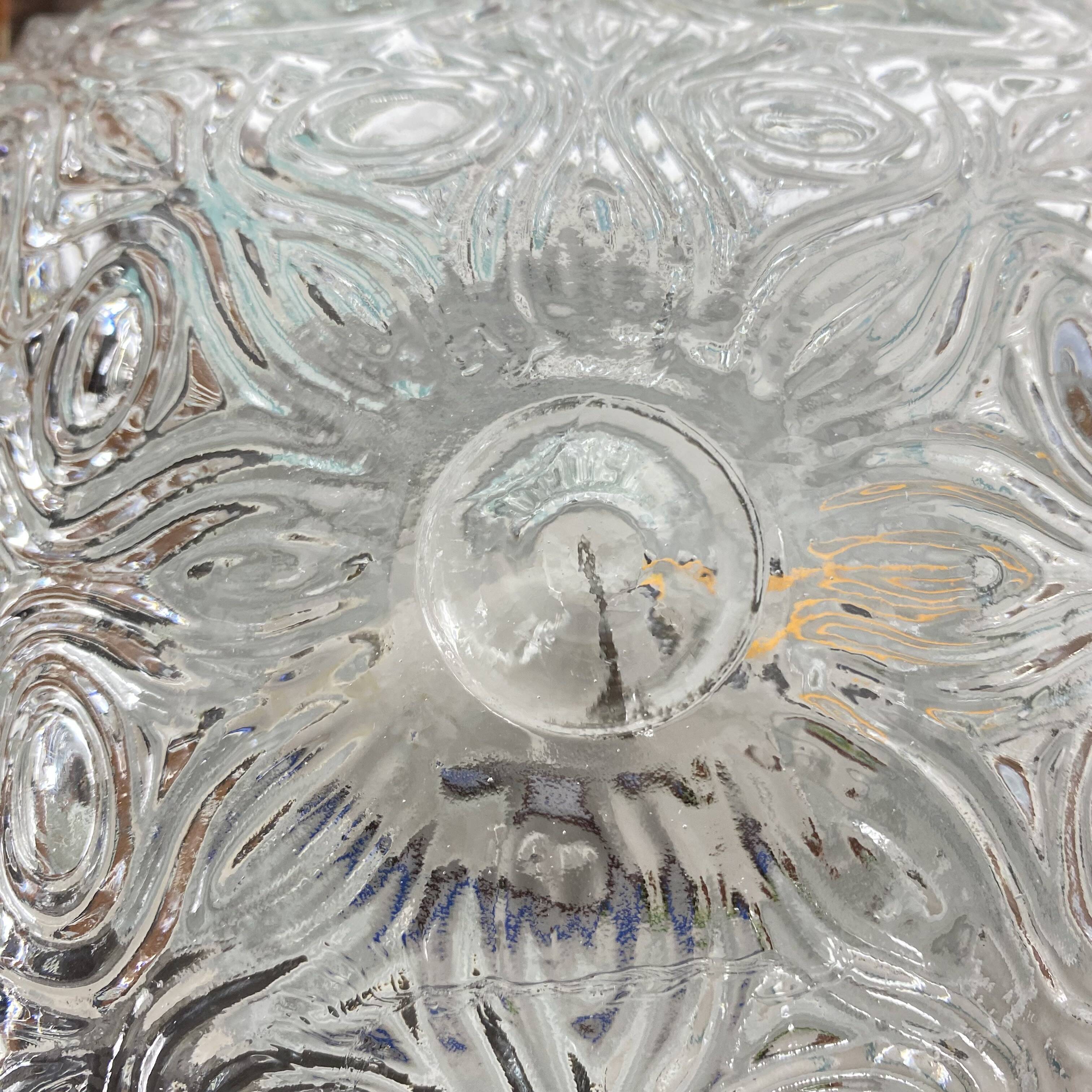 Small square wall light ceiling fixture in vintage moulded glass from the 1970s 1980s.