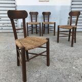Set de 4 chaises brutalistes bois et corde, art populaire