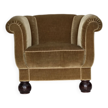 1960s, Danish relax armchair, light green furniture velour, oak wood legs.
