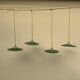 Vintage industrial enameled sheet metal pendant lights with golden wires, old green and white lampshade