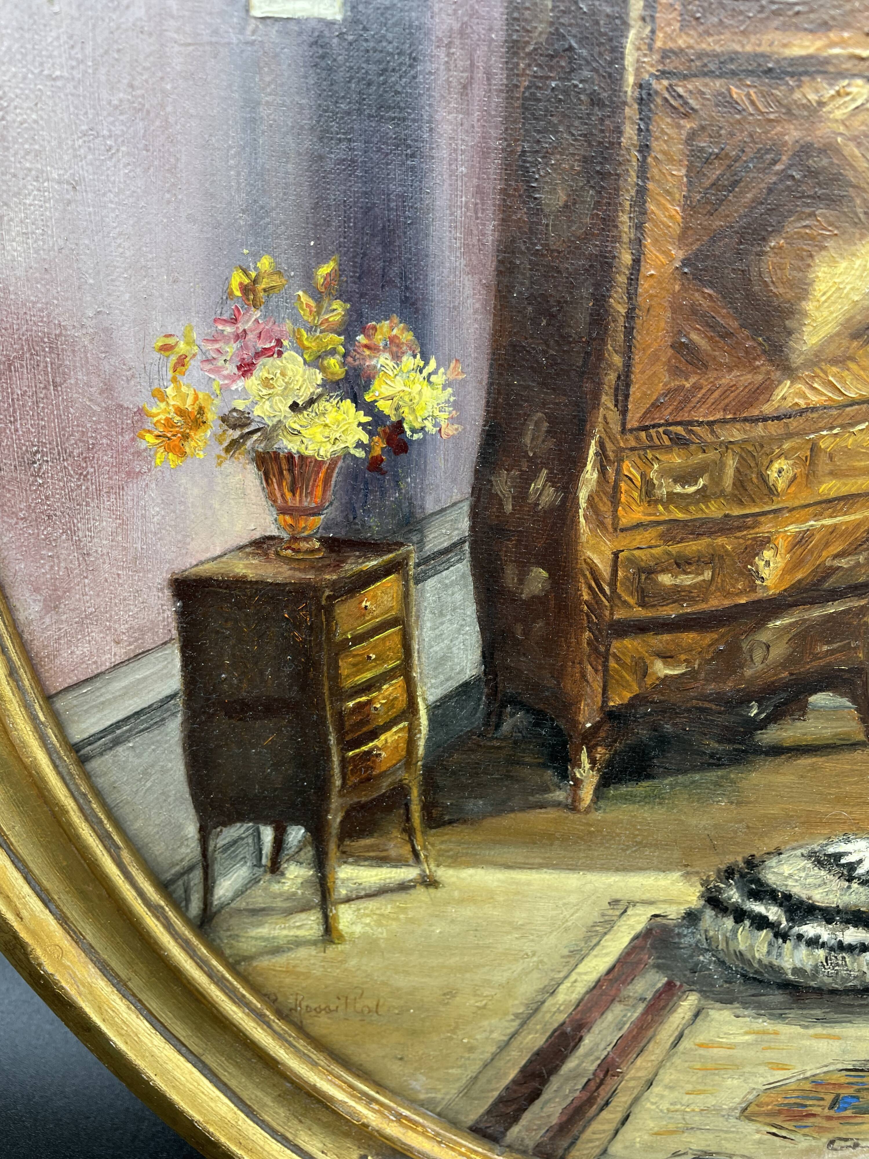 Peinture à l'huile scène d'intérieure signée cadre bois, doré,tableau, peintre français