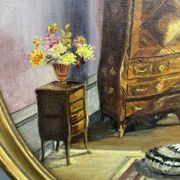 Ancient, Oil painting, interior scene, signed, wood frame, gilded, painting, French painter
