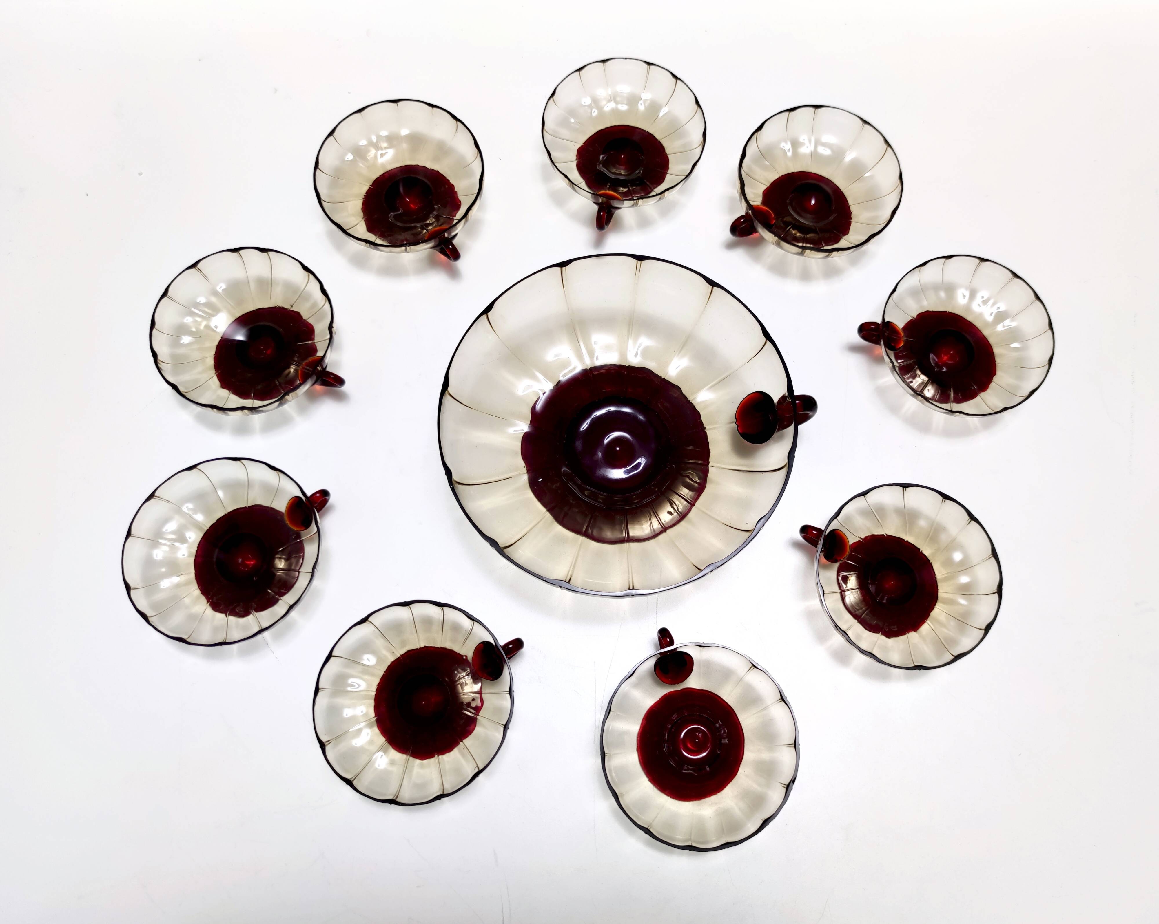 Set of Ten Smoked and Crimson Murano Glass Dessert Bowls in the style of Ze