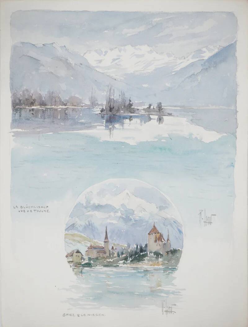 René leverd: switzerland, view of thun from la blümlisalp, original signed watercolor