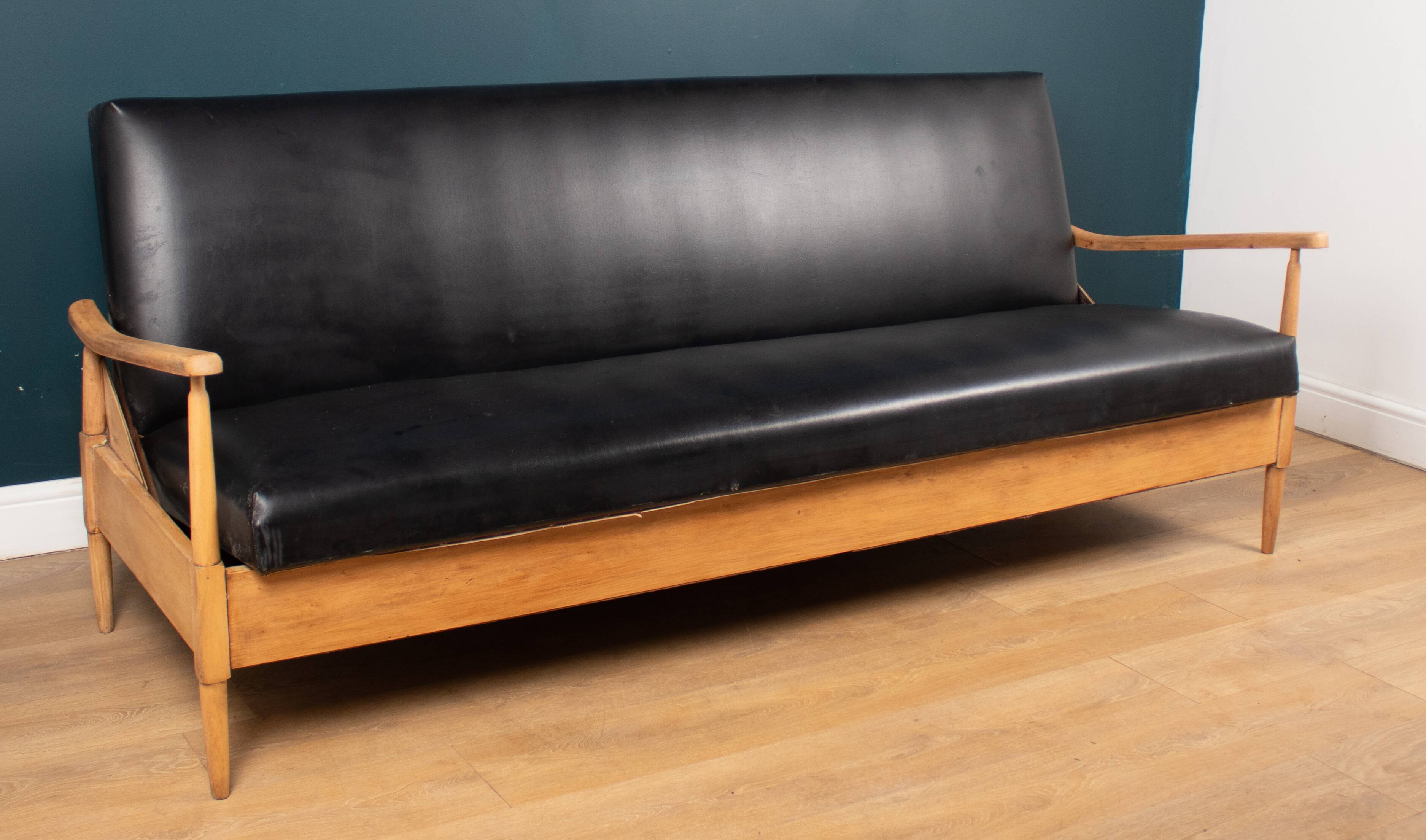 Retro Mid Century Teak & Beach Day Bed Sofa Bed In Black Leather