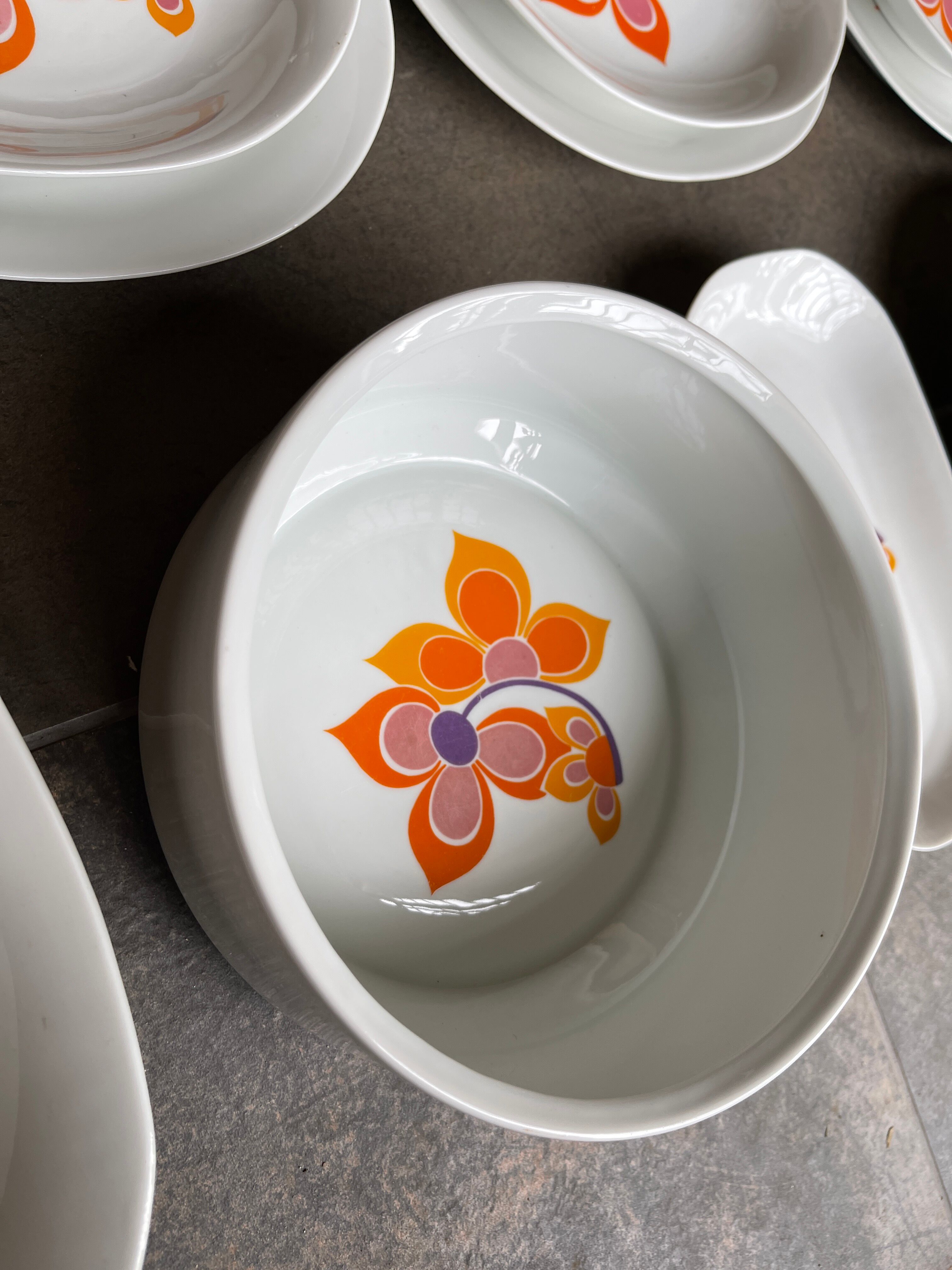 full service porcelain Masse Surget at Mehun vintage dish 1970 orange
