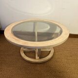 Oval patinated wood and beveled glass coffee table