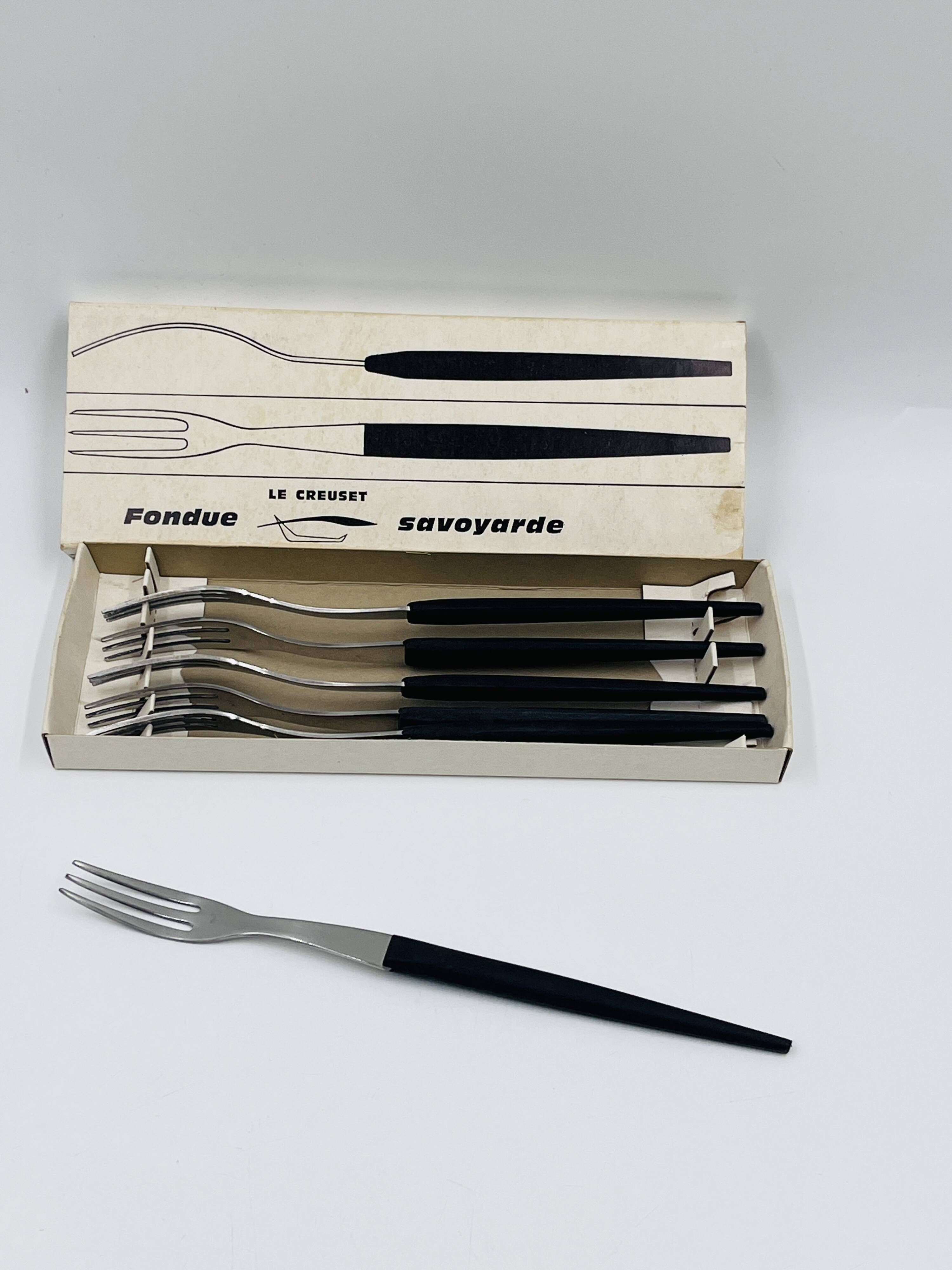 Set of 6 Savoyard fondue forks by Le Creuset with original box.
