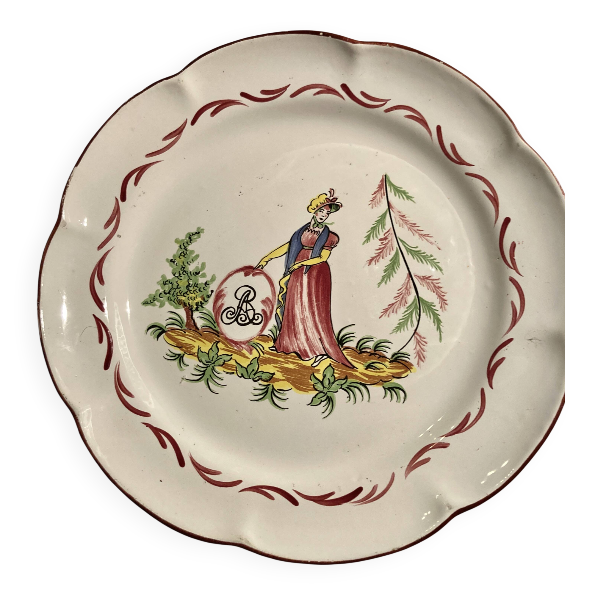 Faience plate Les Islettes decor Madame Bernard 19th century 23 cm rare model