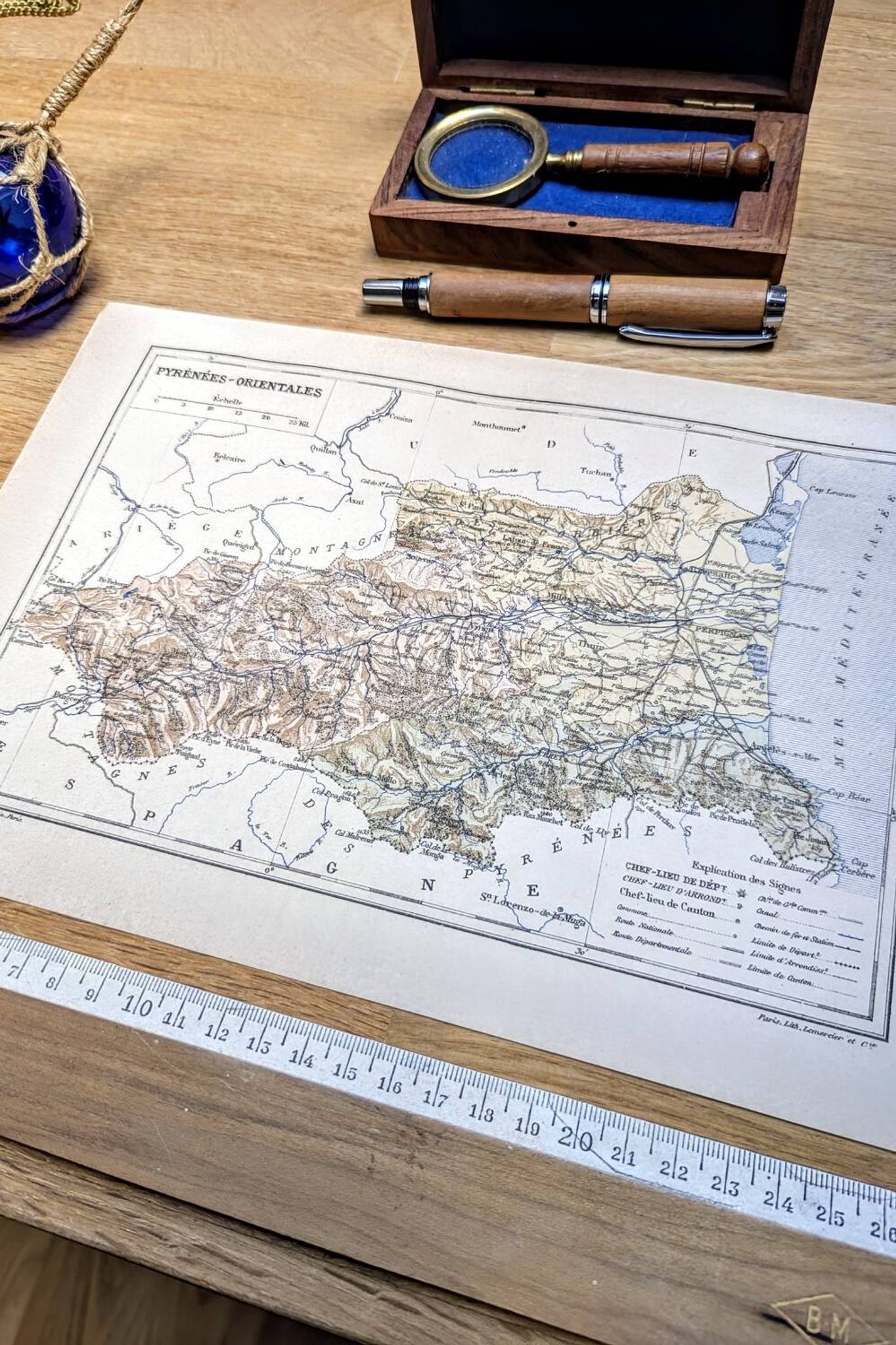 Map of Pyrénées-Orientales, 1889. Authentic Vintage.
