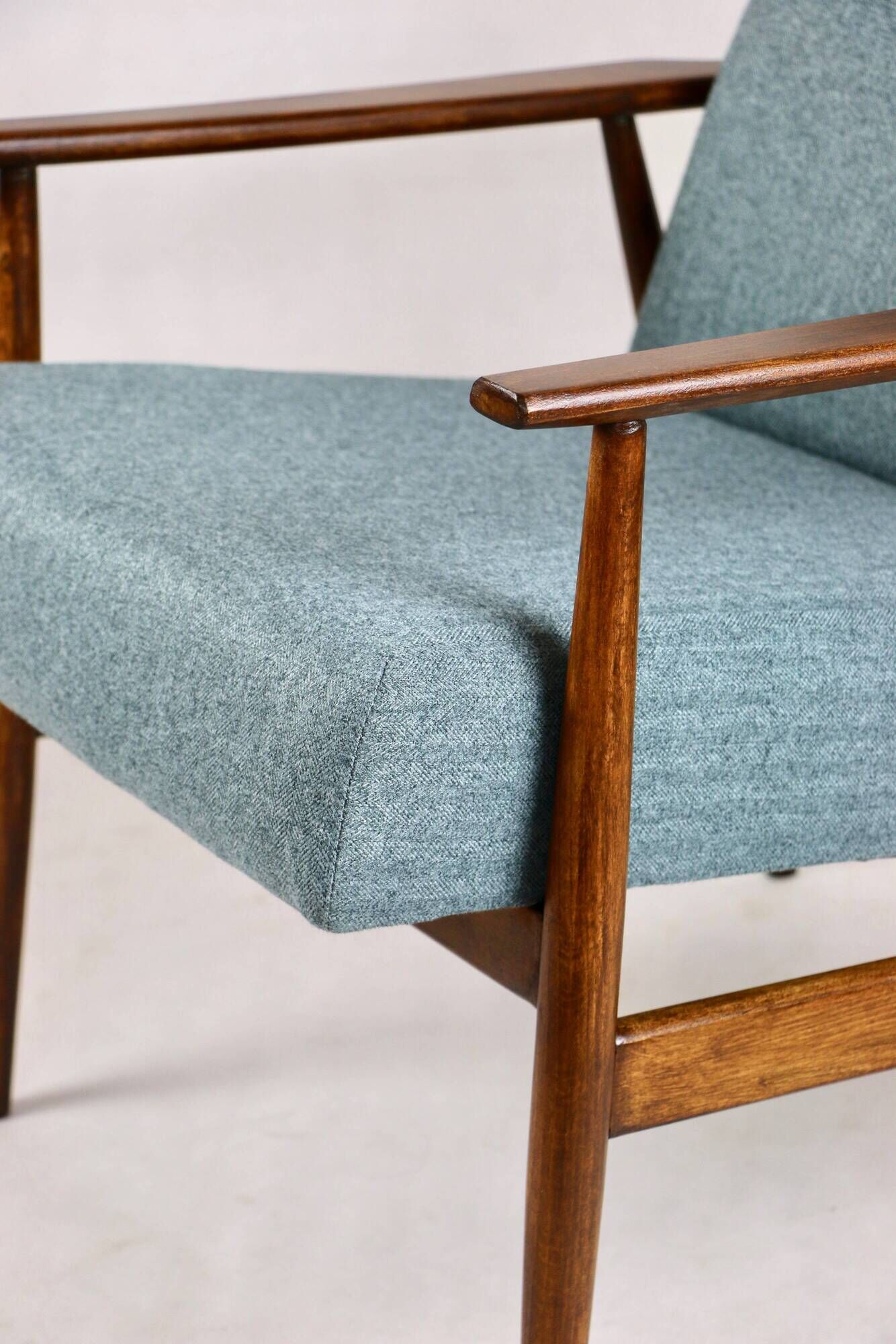 Armchair 'Lis', 1970s turquoise tweed design by Henryk Lis - brown beech wood
