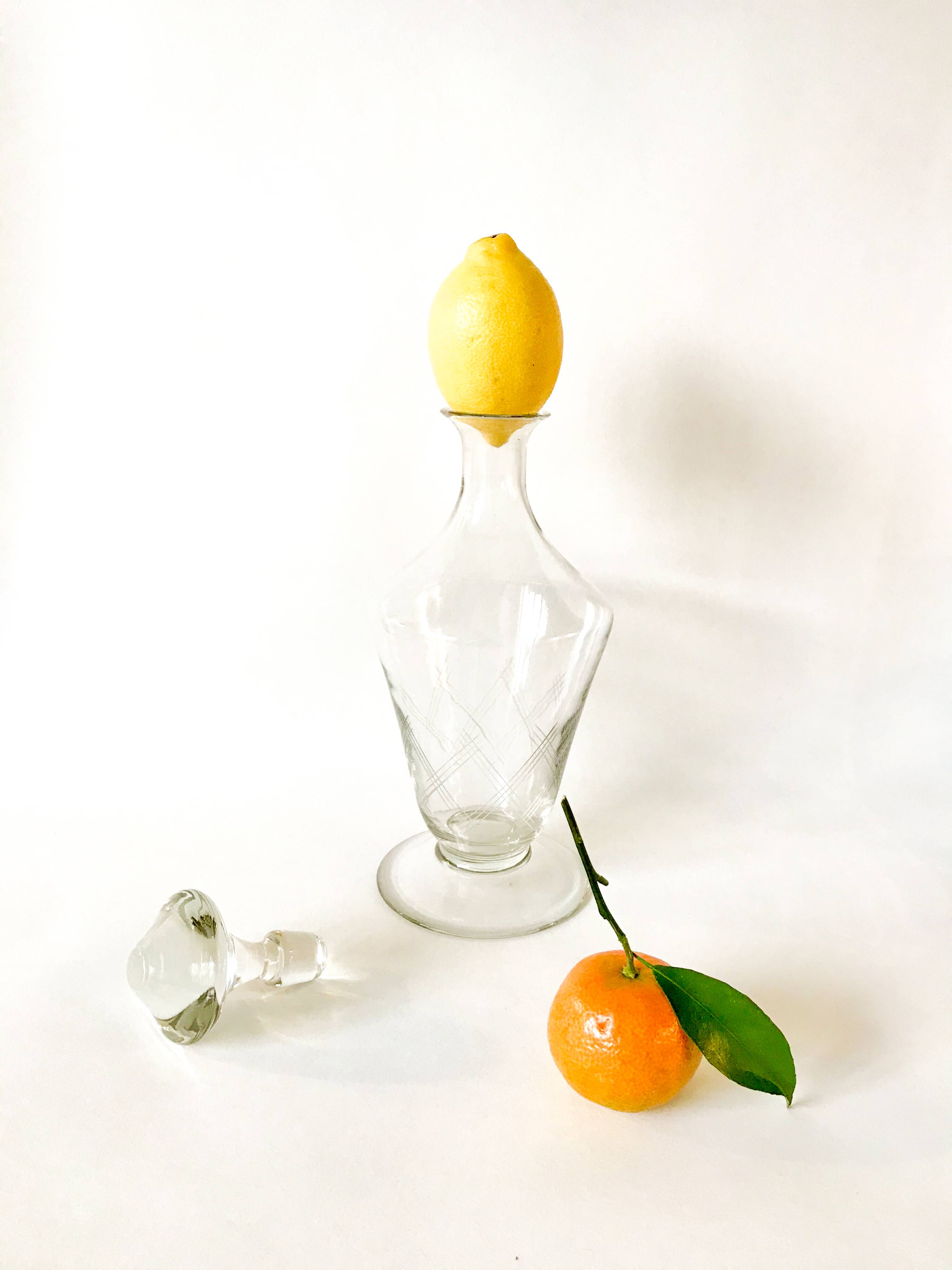 large engraved glass wine carafe from the 1950s