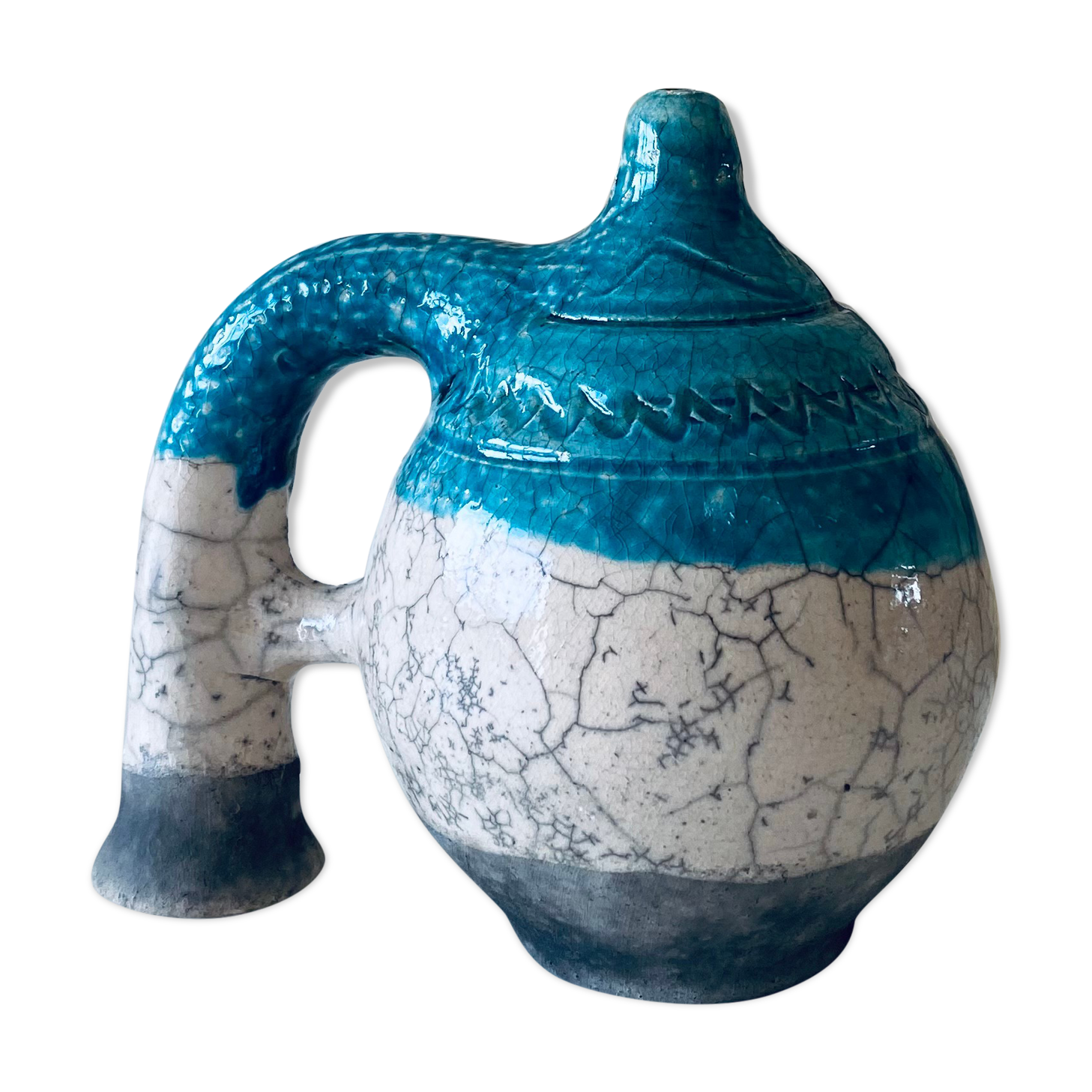 Poterie en terre cuite émaillée bleu et crème