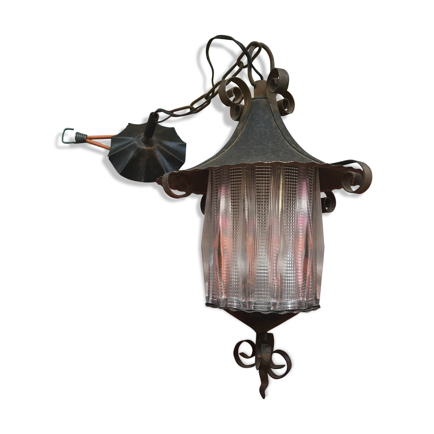 Old black forged iron suspension - vintage moulded glass reflector
