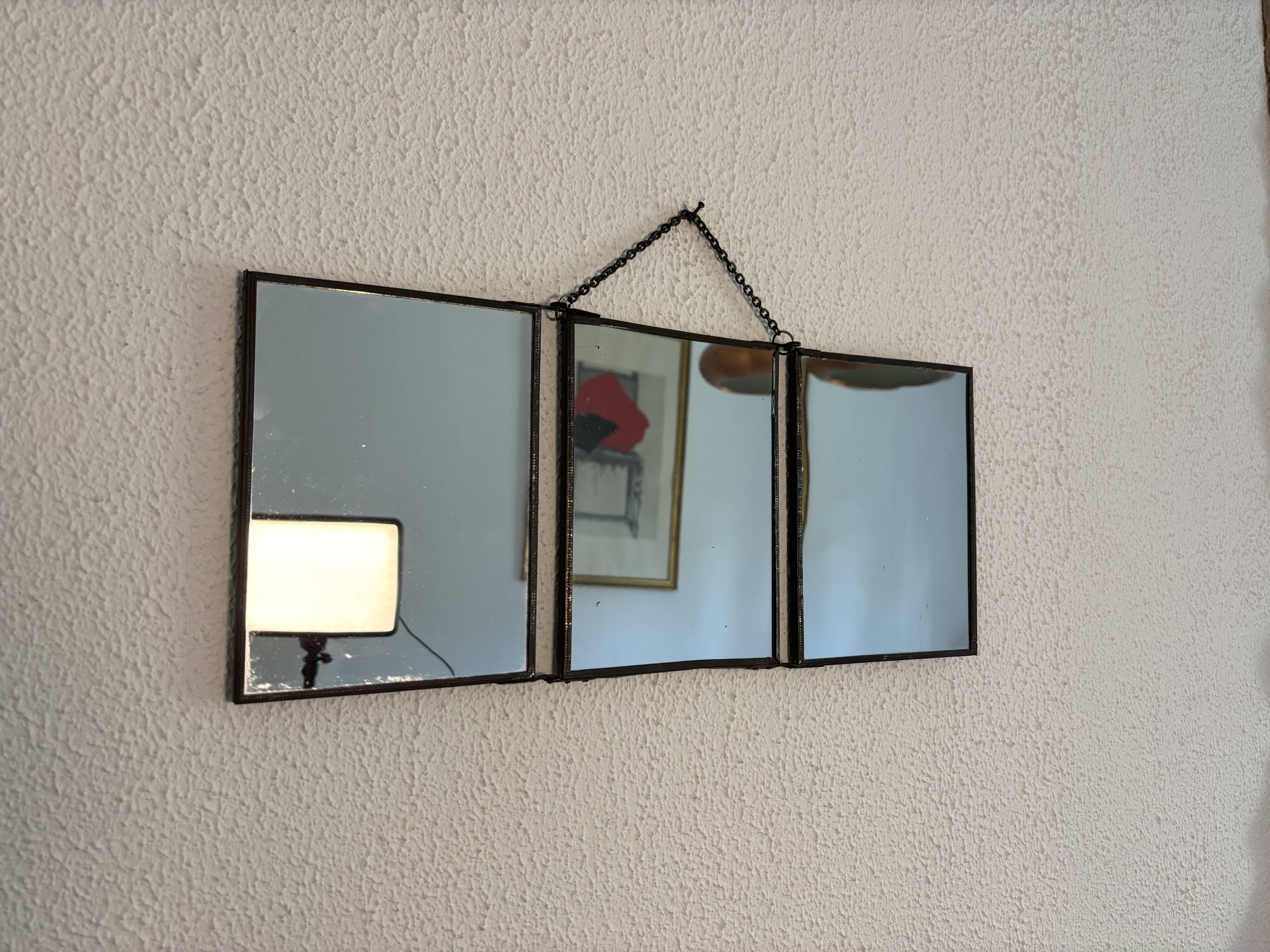 Vintage 1930s triptych mirror depicting a barber, hairdresser, and young dancer