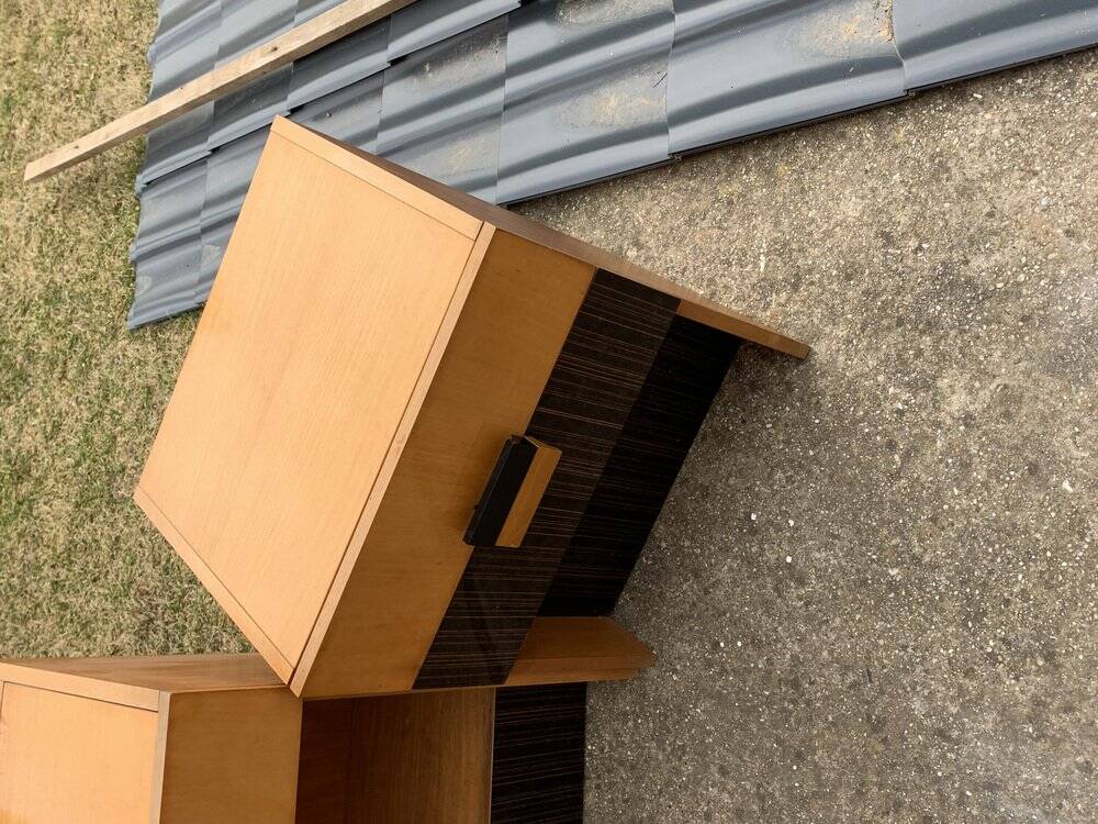 Mid-century brown and black lacquer dressing table set with 2 bedside tables.