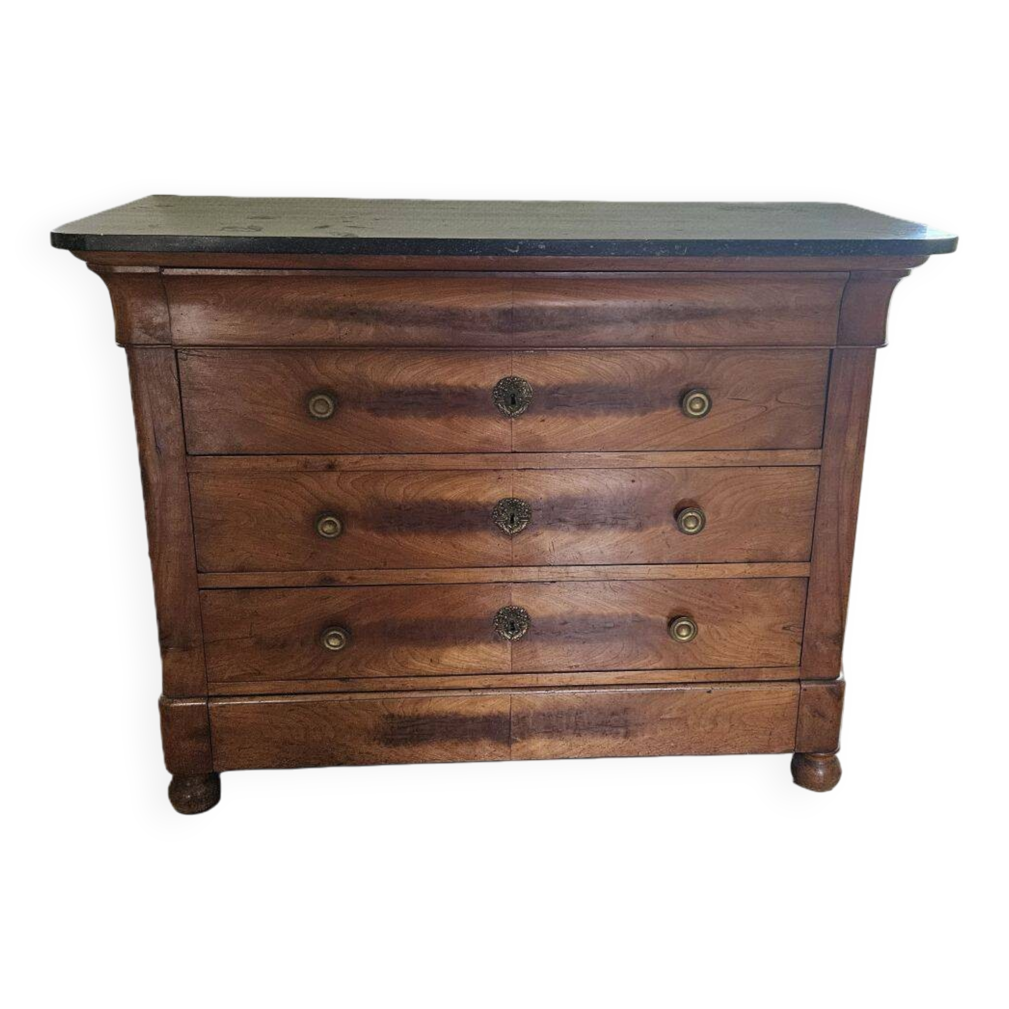 Chest of drawers in walnut and walnut veneer with black veined marble top