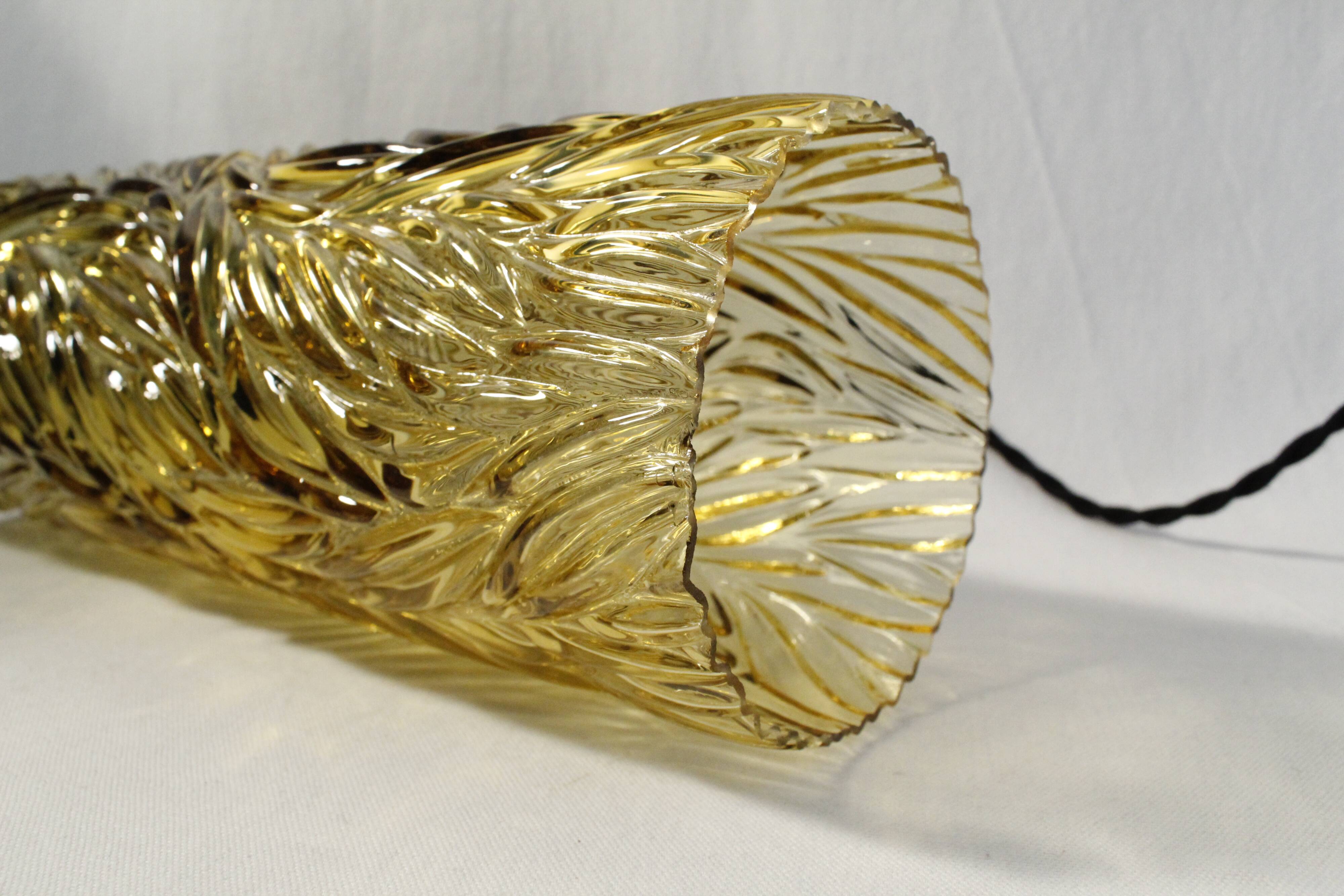 Vintage/art deco cylindrical pendant lamp in chiseled amber glass electrified