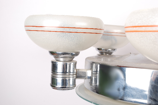 Art deco machine age style chandelier in chrome and frosted glass, 1940s