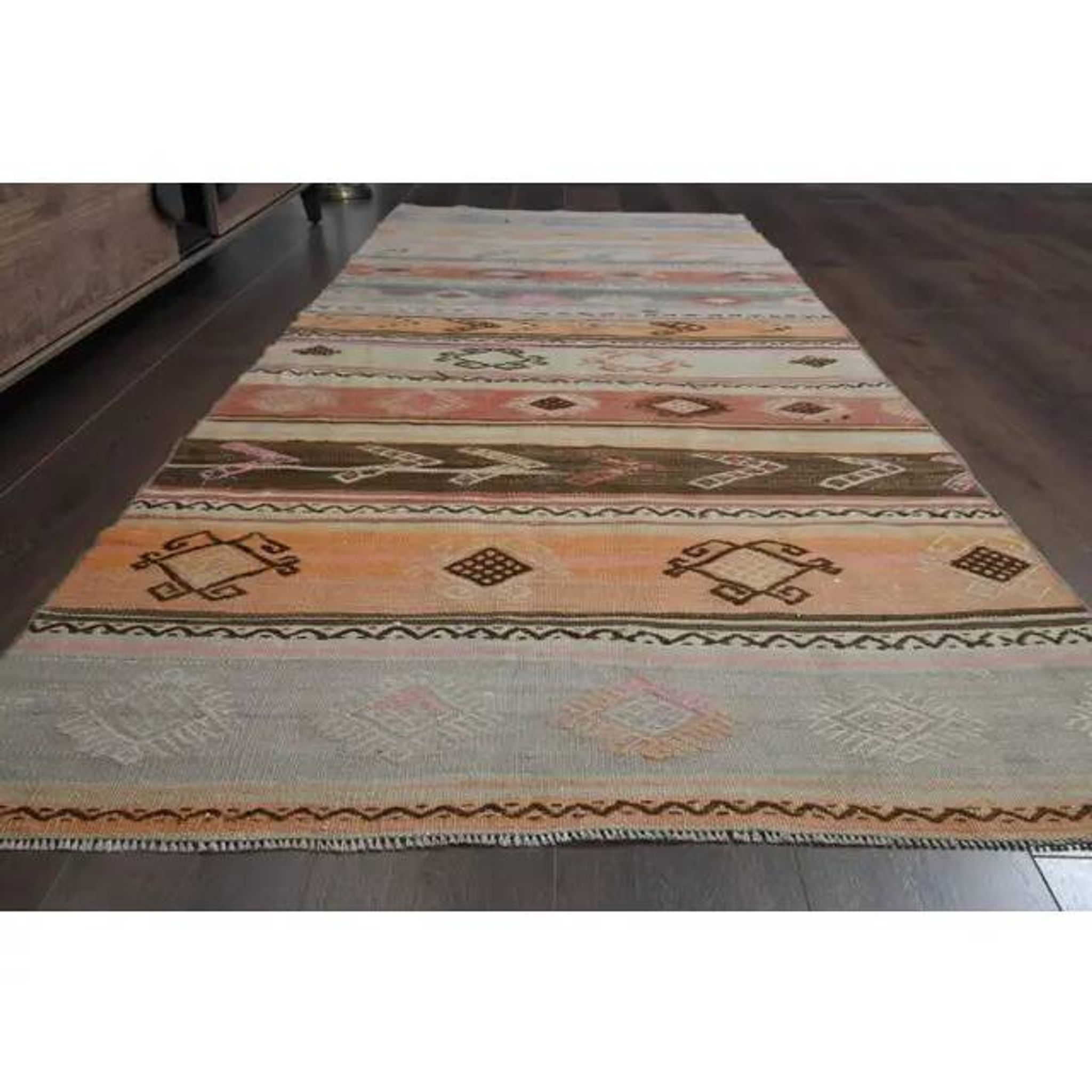 70's Vintage Oushak Handmade Wool Orange Kilim Runner Rug 116x283
