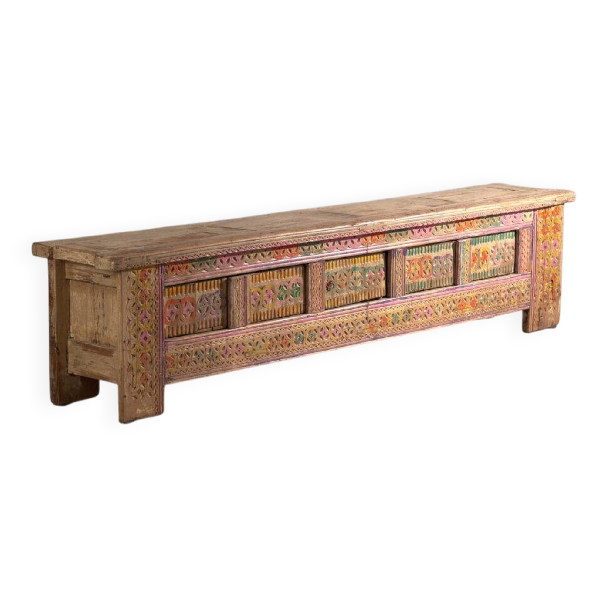 Antique carved low cabinet with drawers in pine – Xinjiang, circa 1900