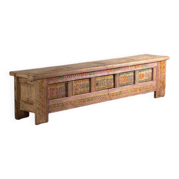 Antique carved low cabinet with drawers in pine – Xinjiang, circa 1900