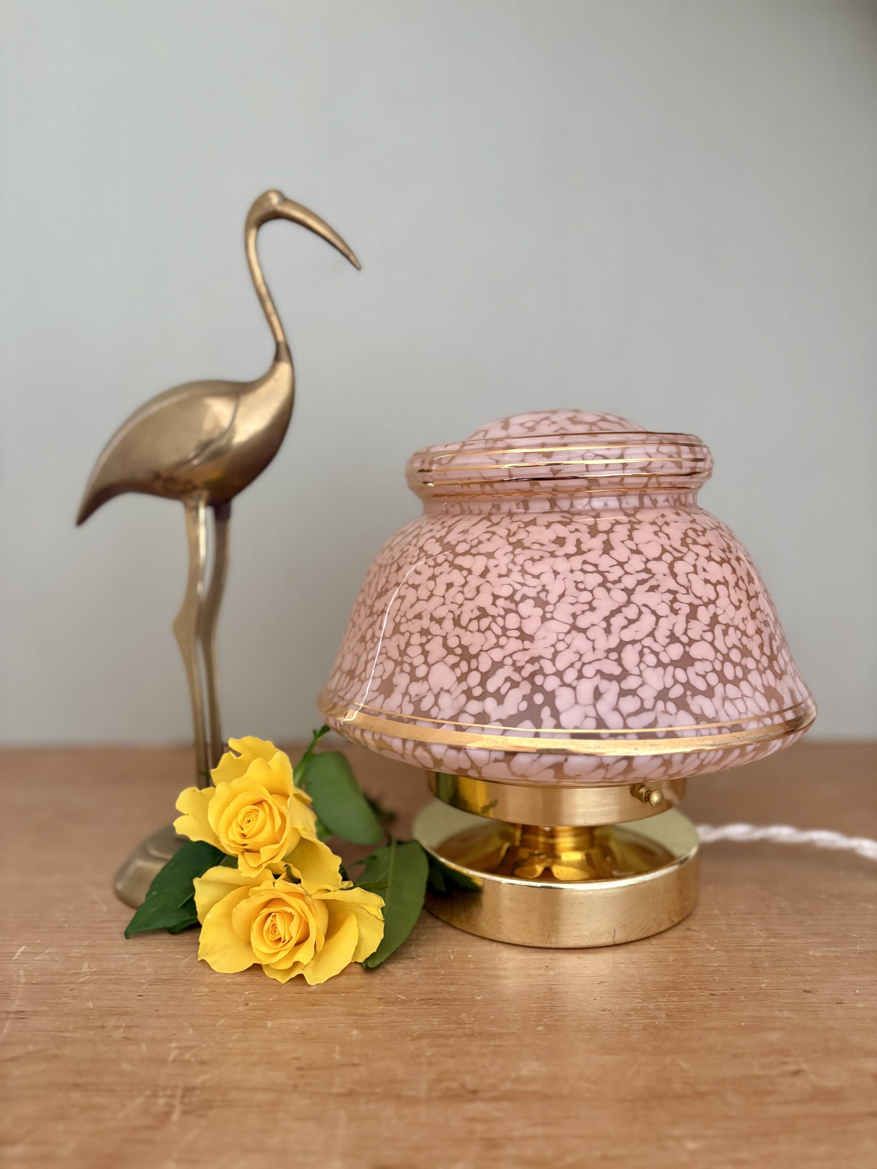 Antique art deco globe table lamp in pink and gold Clichy glass