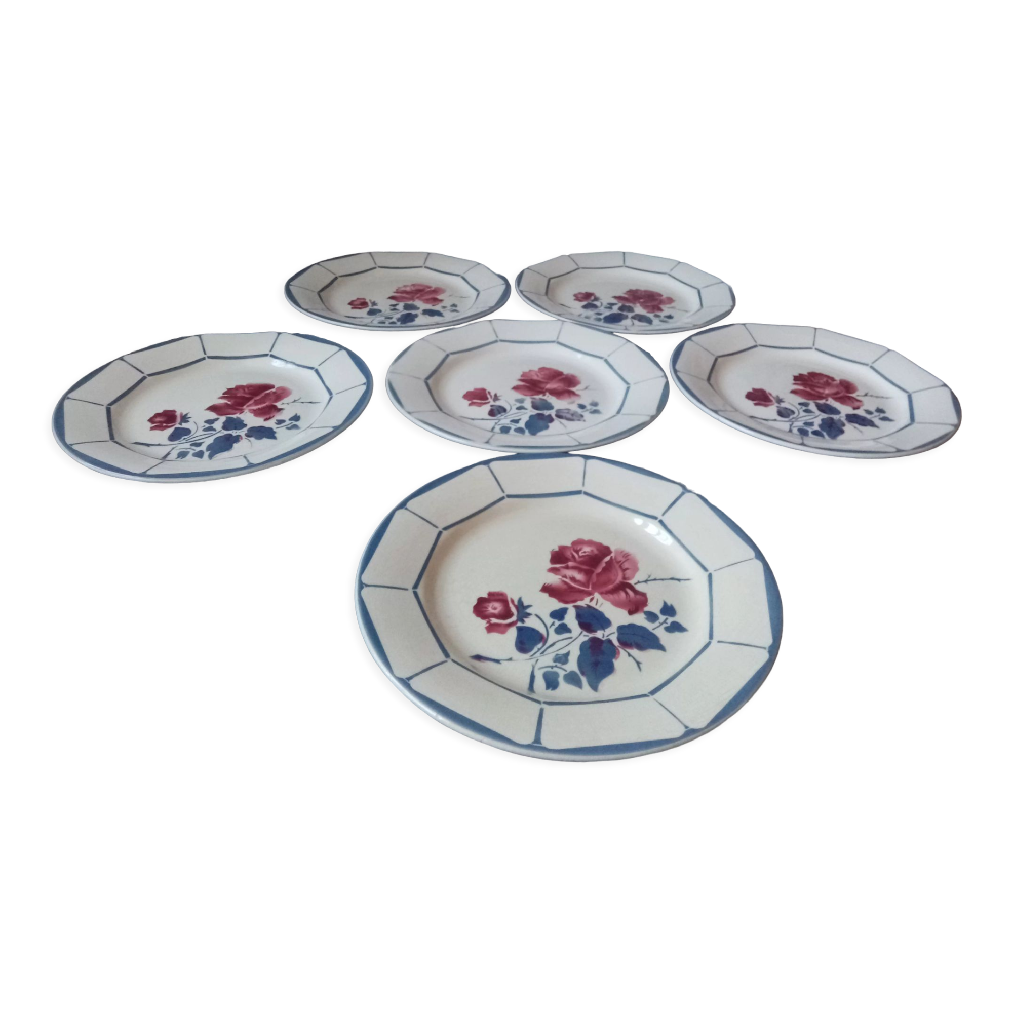 Series of 6 plates flat decor of roses, model malmaison, digoin sarreguemines