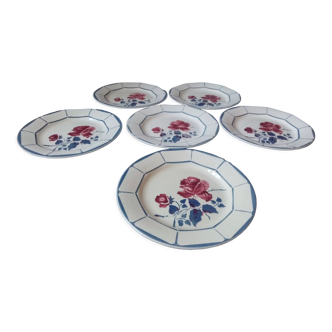 Series of 6 plates flat decor of roses, model malmaison, digoin sarreguemines