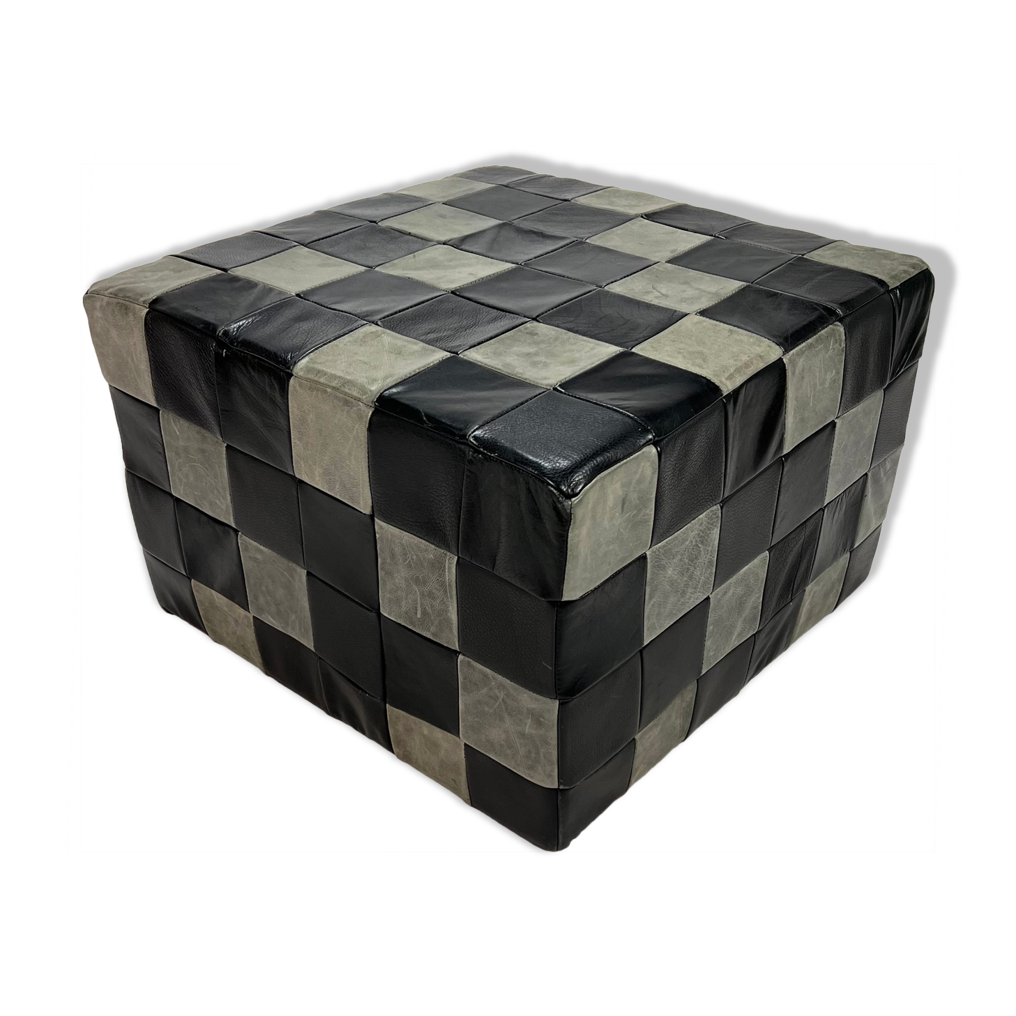 Vintage leather patchwork pouf, 1980s