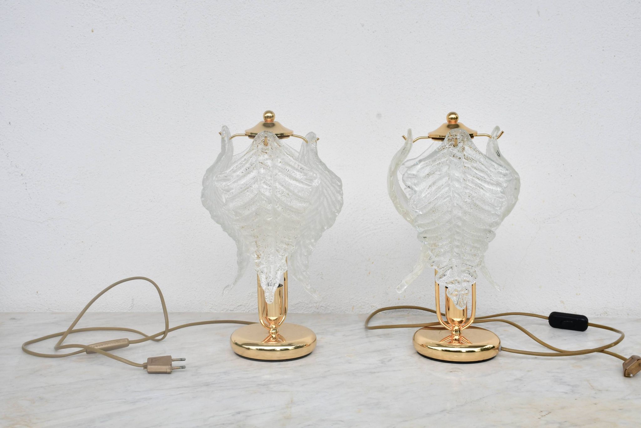Set of 2 Murano glass table lamps transparent leaves