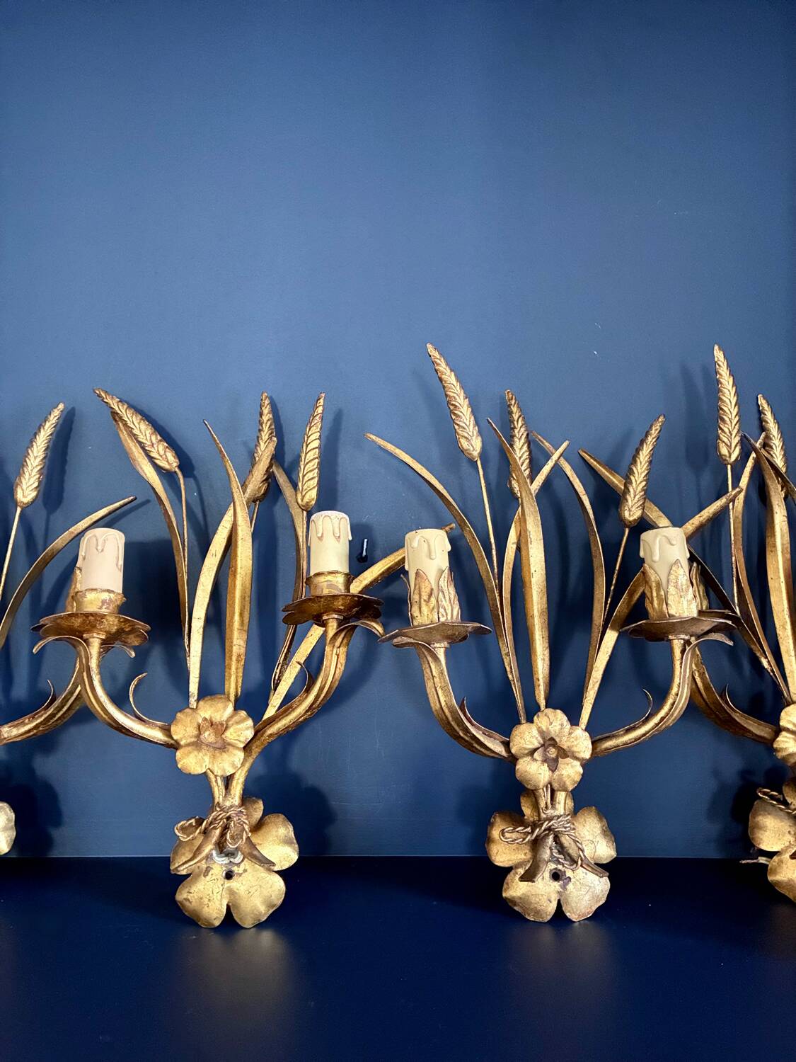 4 metal wall lights "Wheat Ears" Maison Charles, 1980