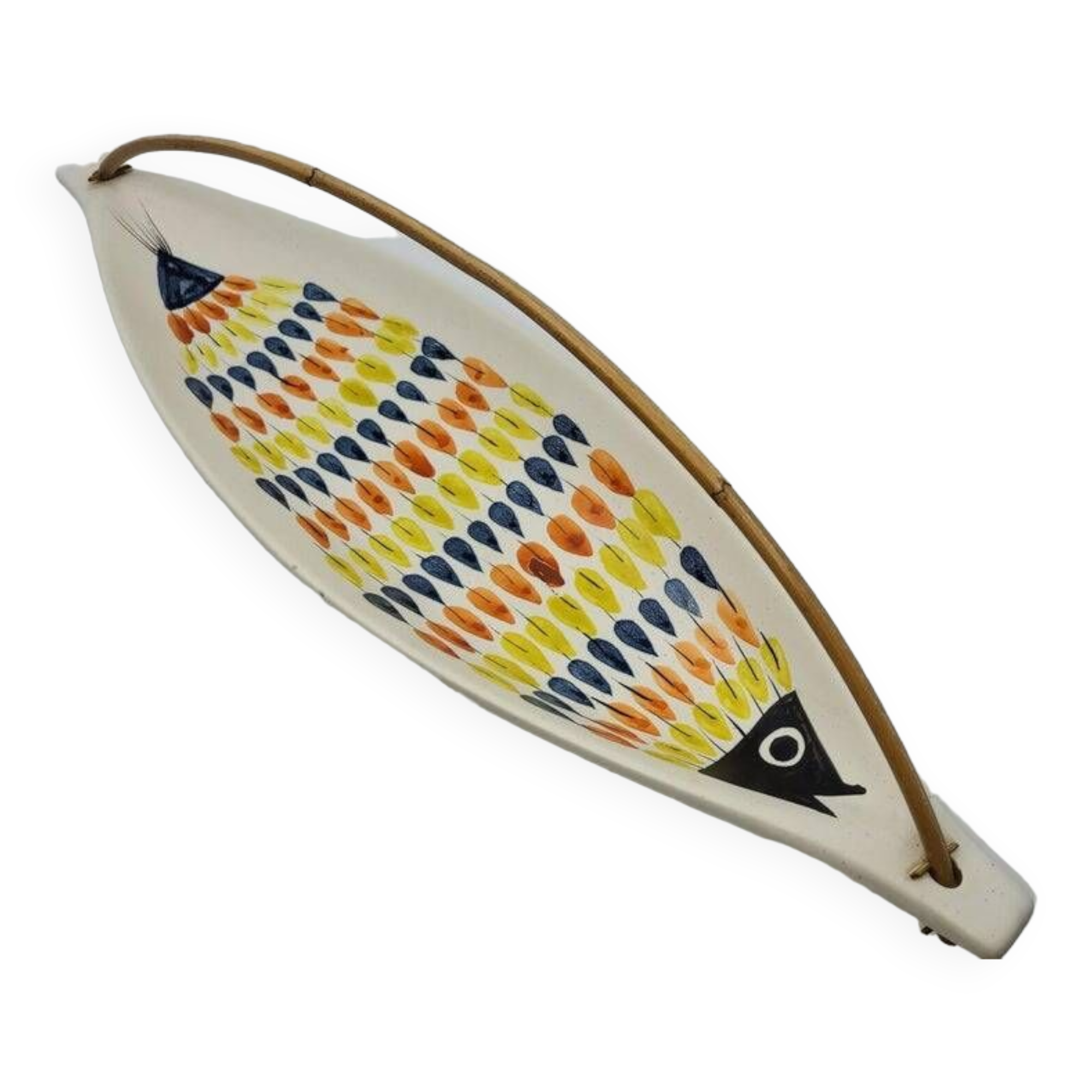 French ceramic empty pocket cup, Roger Capron, fish decoration Vallauris 1950
