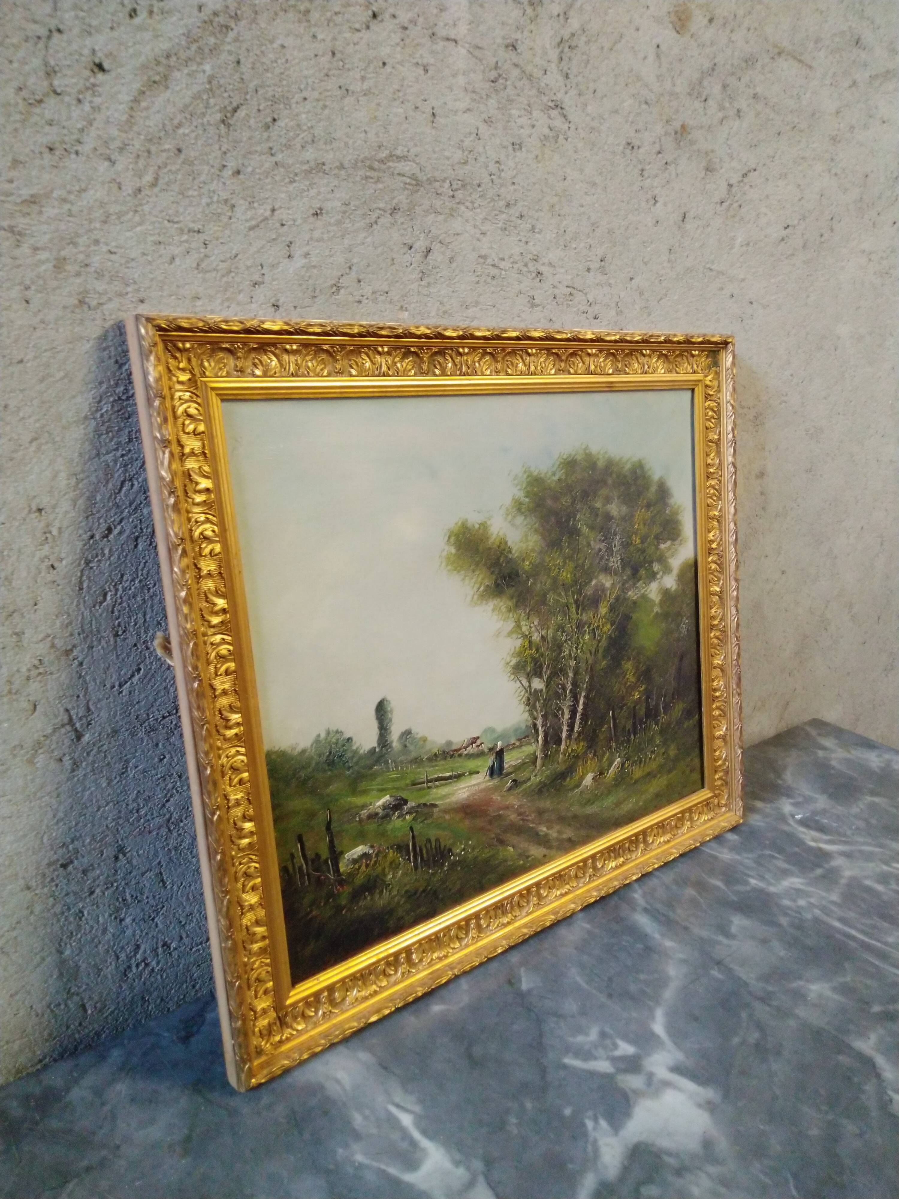 Oil on canvas painting characters on a country road