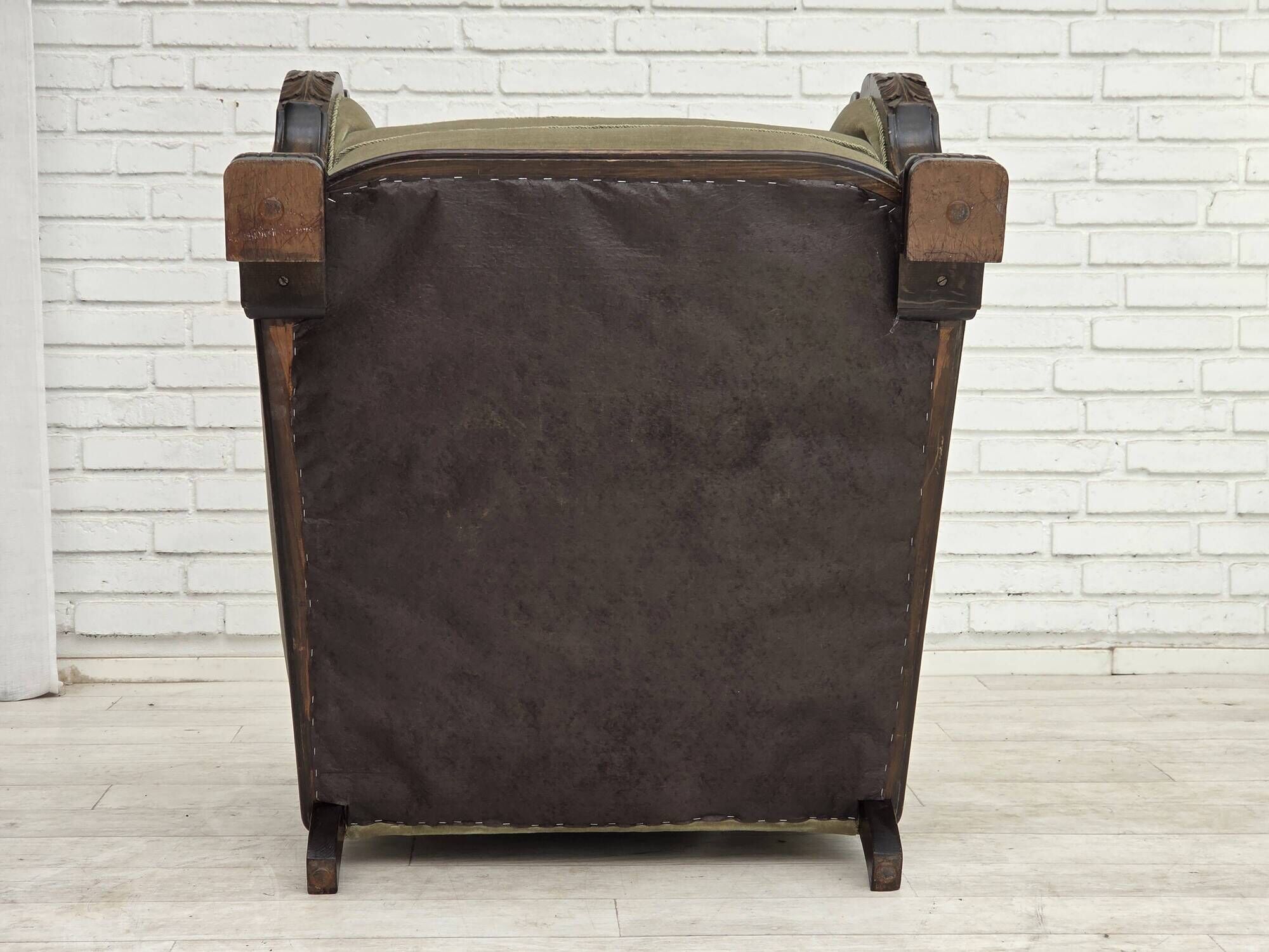 1950s, Danish relax armchair, furniture velour, carved oak wood.