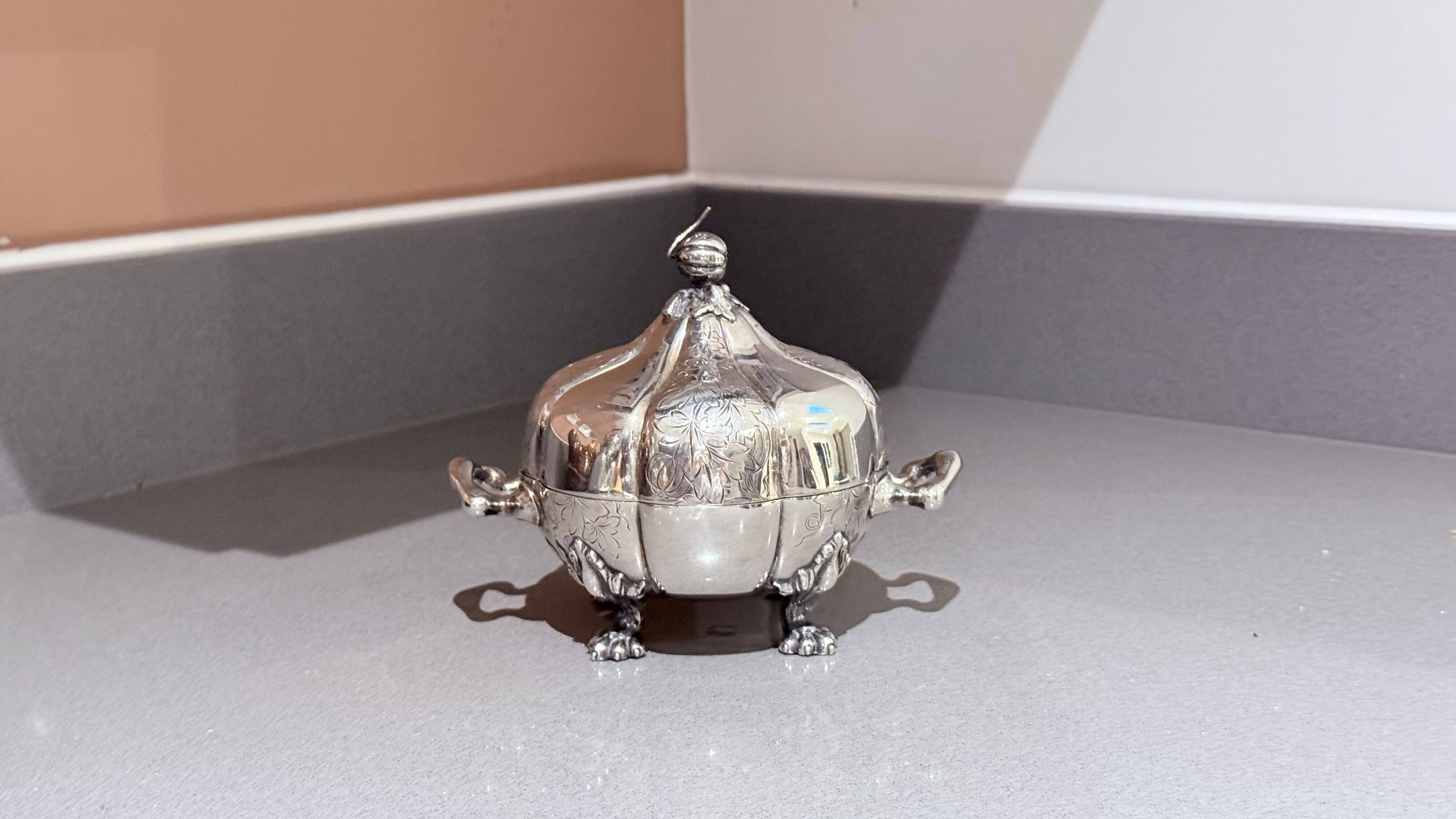 Antique Decorative Caviar Dish Caviar Serving, Silver Quadruple Plate Lid, Spoon